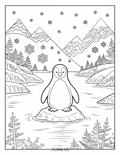 Yetişkinler için Penguen Boyama Sayfası: Meditasyon yapan bir penguen kıvrılan kar tanesi desenleriyle çevrili bir kayanın üzerinde oturuyor