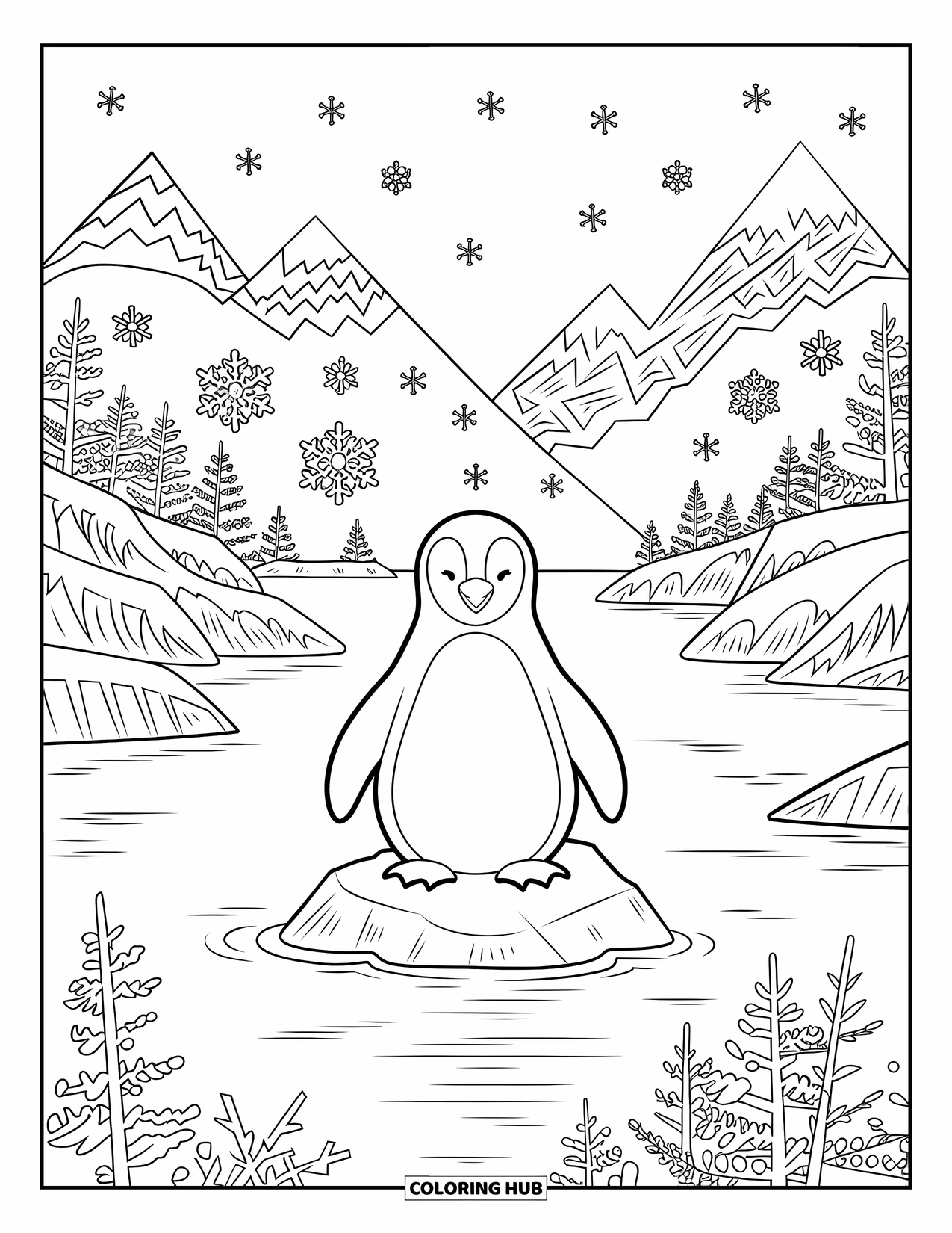 Penguin Coloring Page for Adults: A meditative penguin sits on a rock, surrounded by swirling snowflake patterns