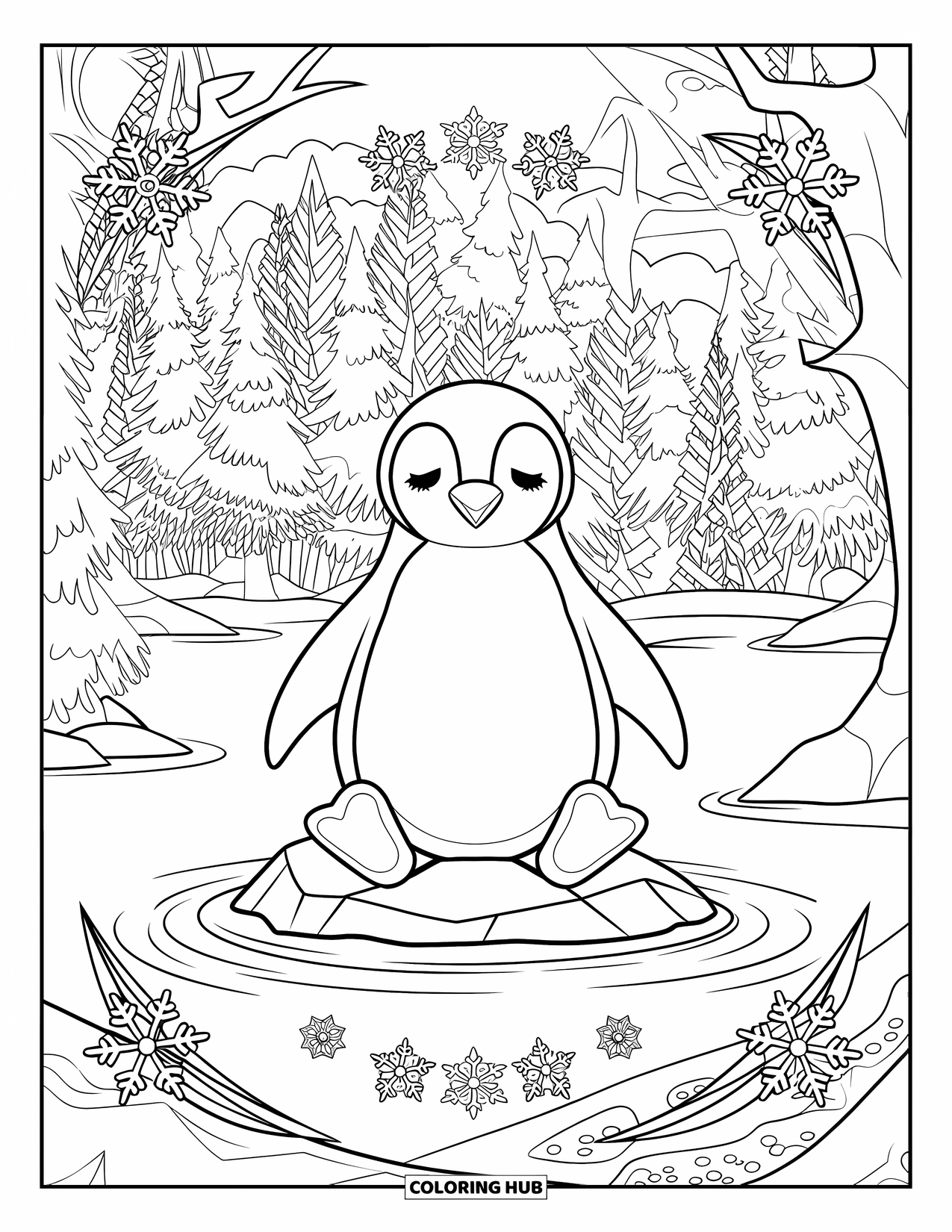 Penguin Coloring Page for Adults: A peaceful penguin rests on a snowy peak, framed by intricate frost patterns