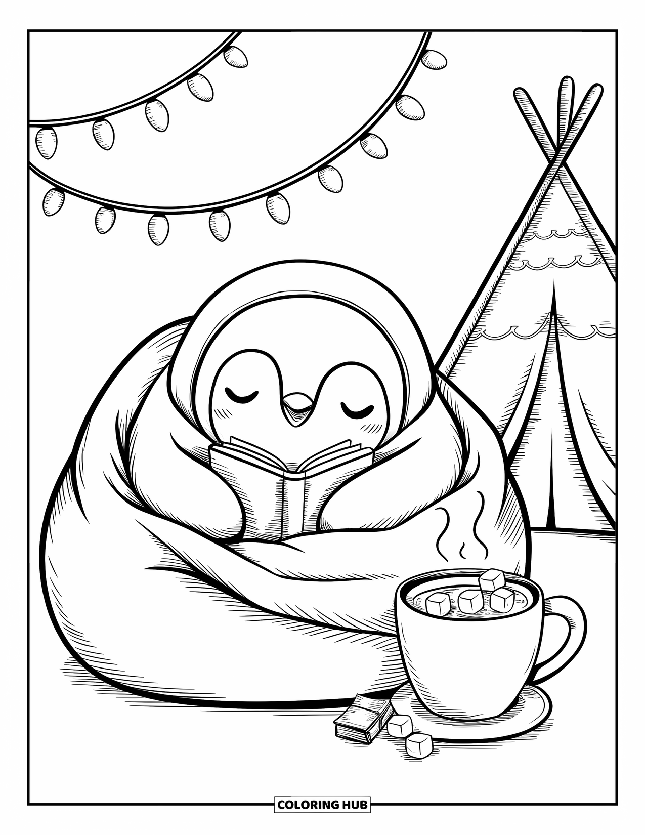 Penguin Coloring Page for Adults: A penguin cozies up with a book and hot cocoa inside a fairy-lit teepee