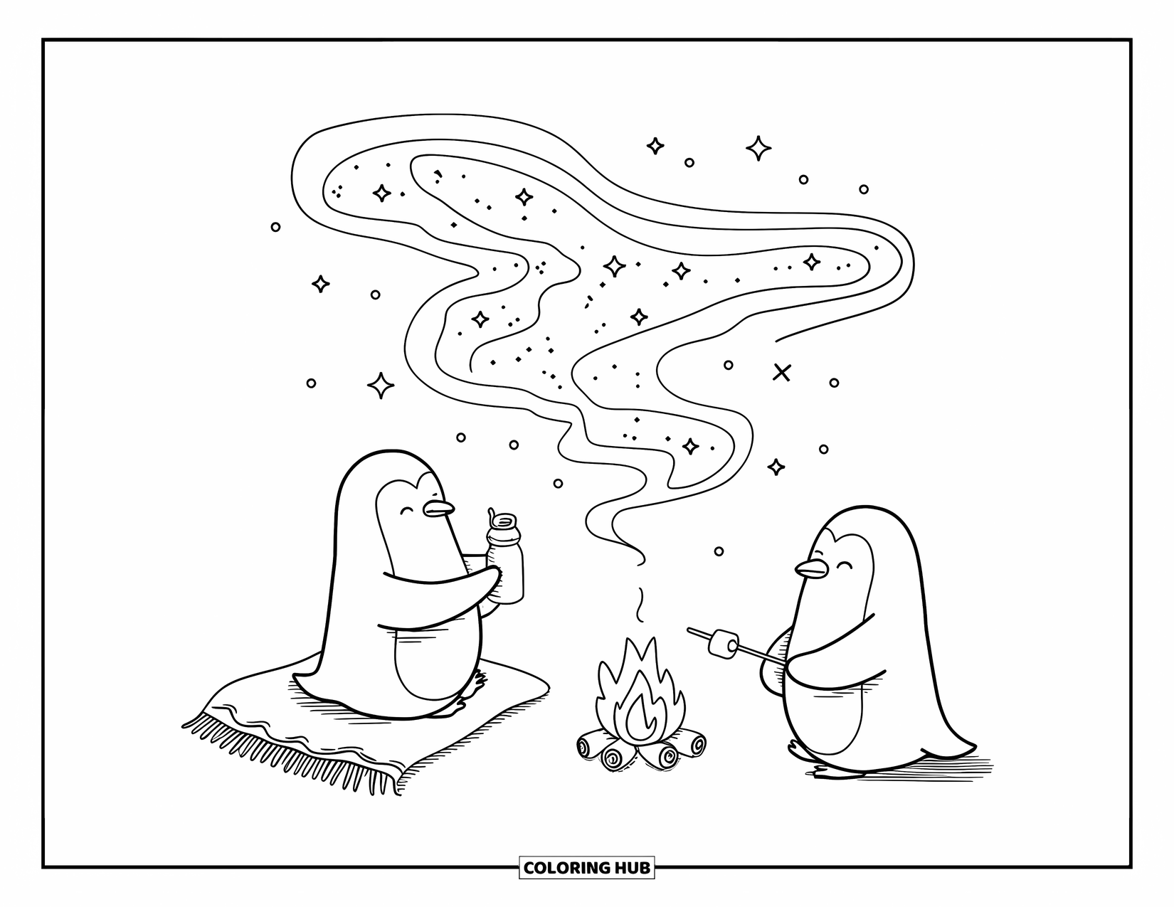 Penguin Coloring Page for Adults: A penguin enjoys a cozy night under the aurora, sipping from a tiny thermos
