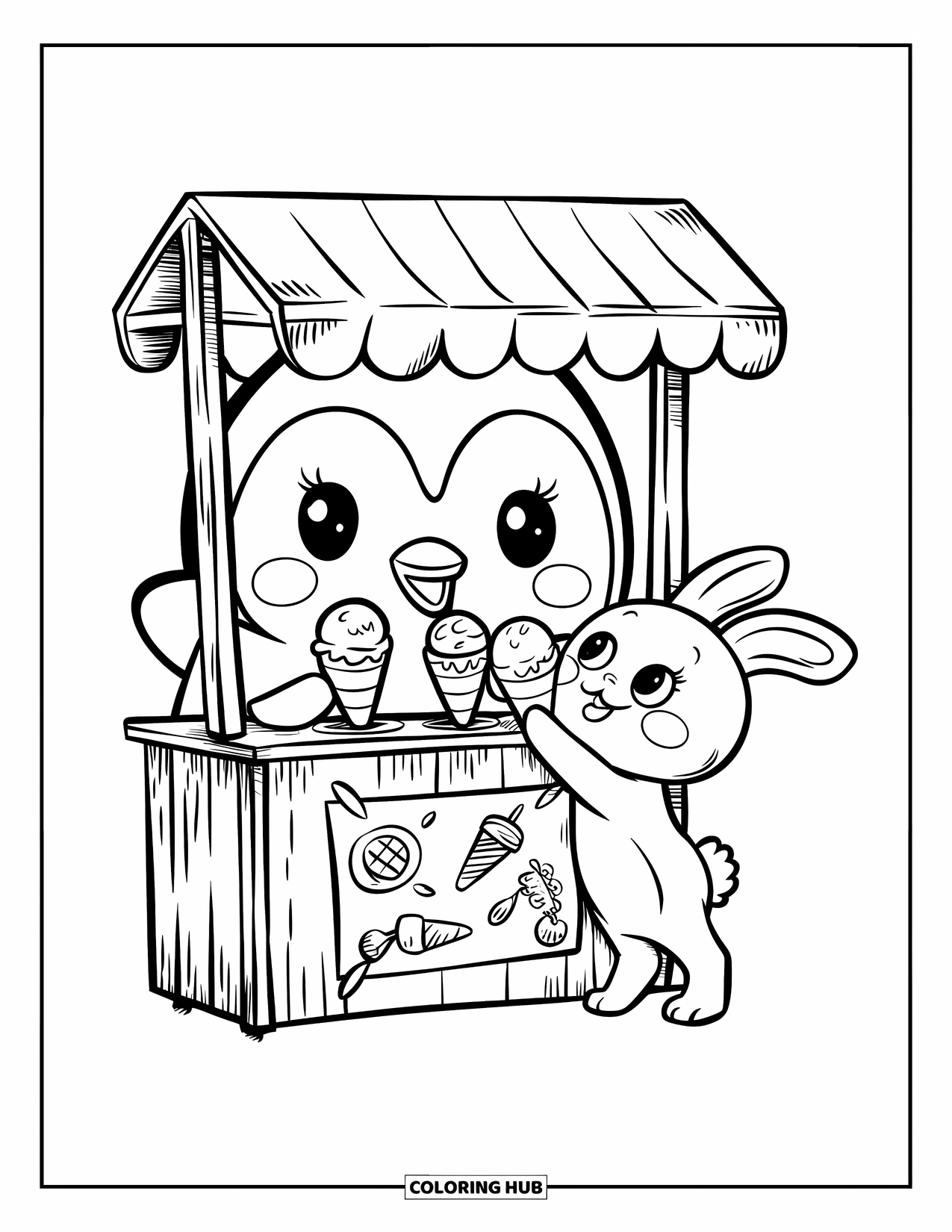 Penguin Coloring Page for Adults: A penguin happily serves ice cream to a bunny at a tiny wooden stall