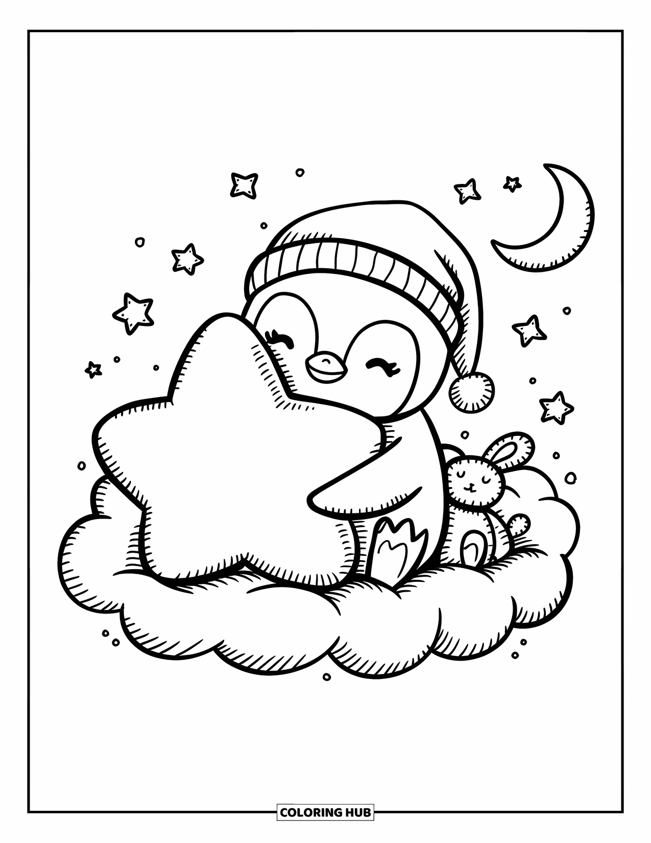 Penguin Coloring Page for Adults: A penguin hugs a star pillow on a cloud, surrounded by twinkling stars and a moon