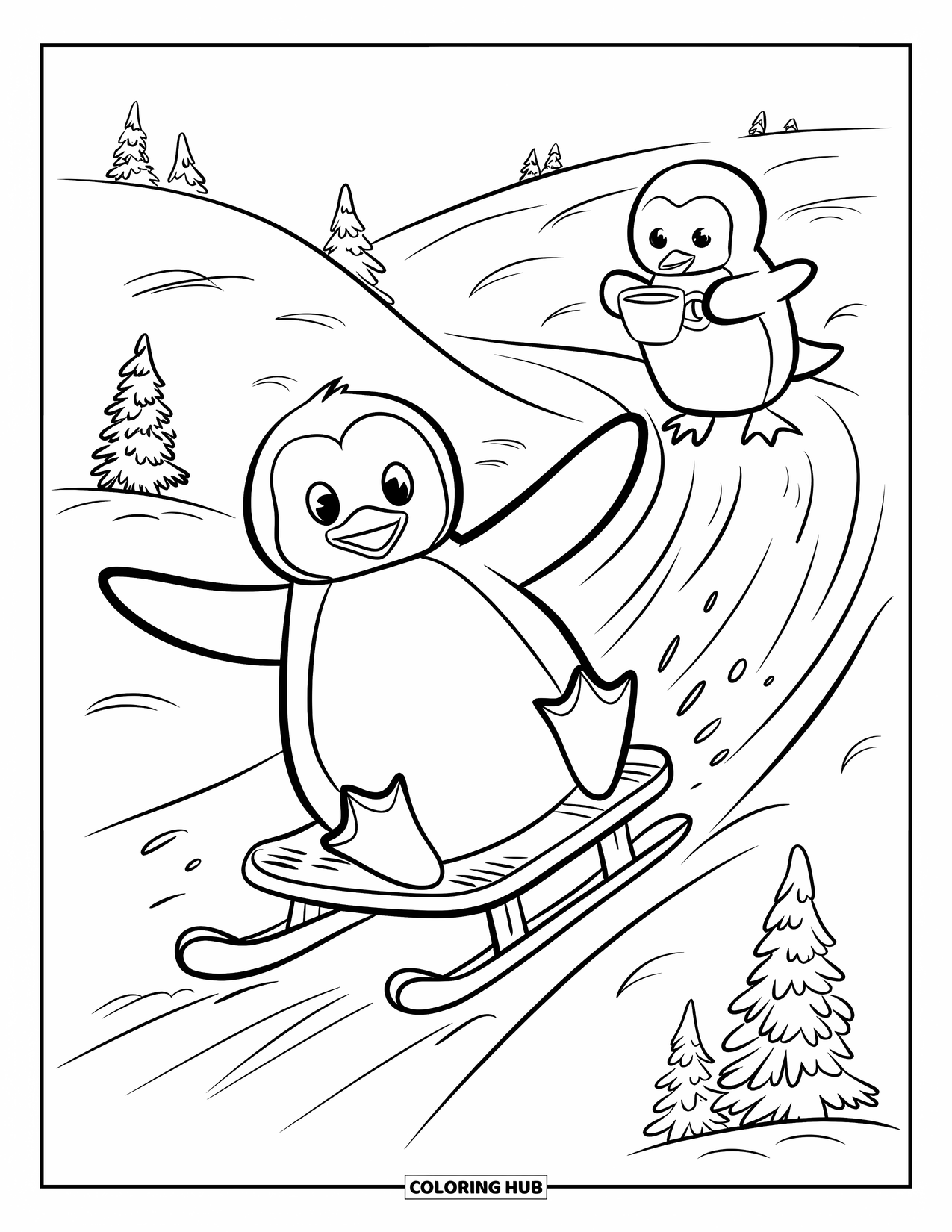 Penguin Coloring Page for Adults: A penguin in a sled flaps its wings while sliding down a snowy slope