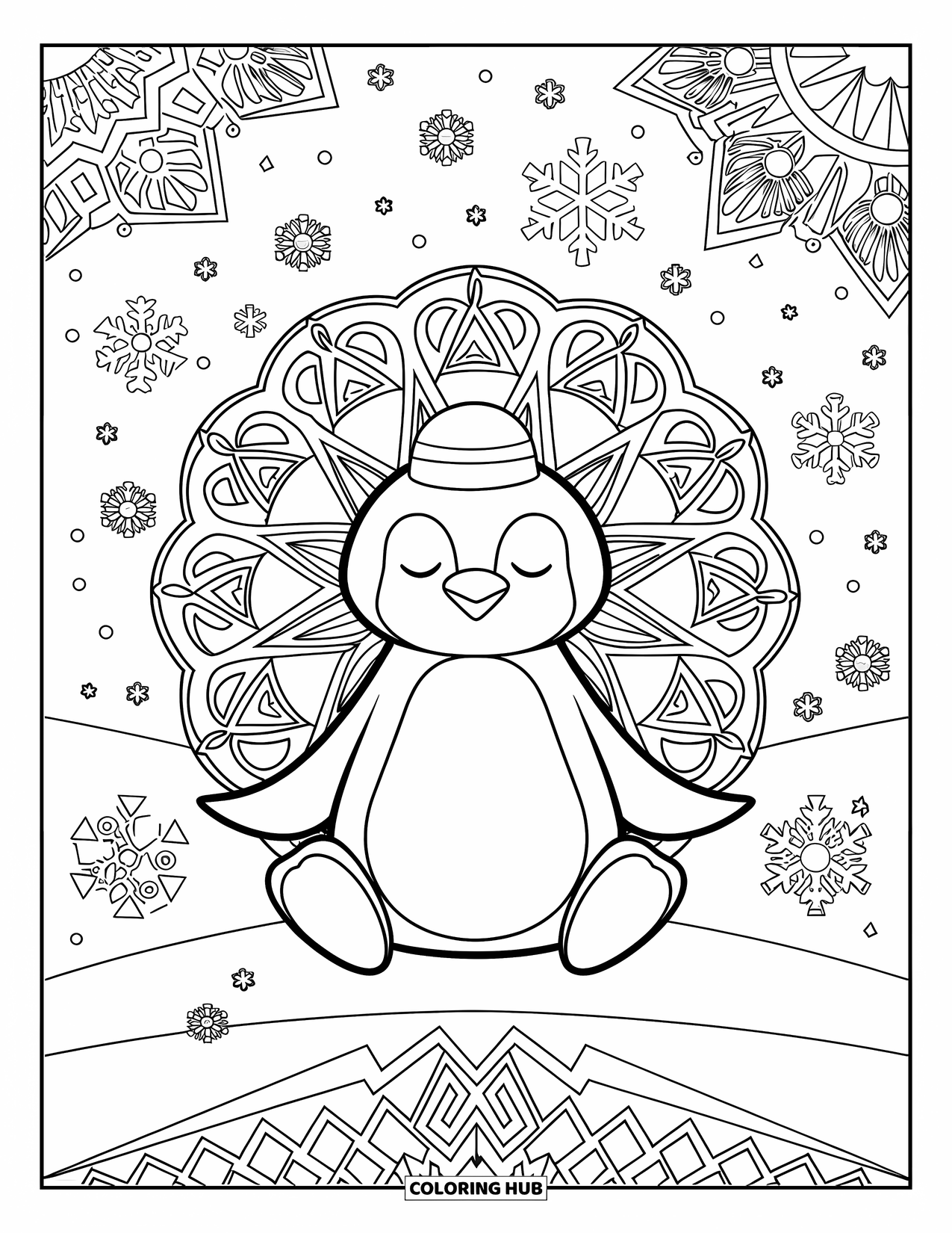 Penguin Coloring Page for Adults: A penguin in a tiny hat sits in a winter scene filled with elegant icy motifs