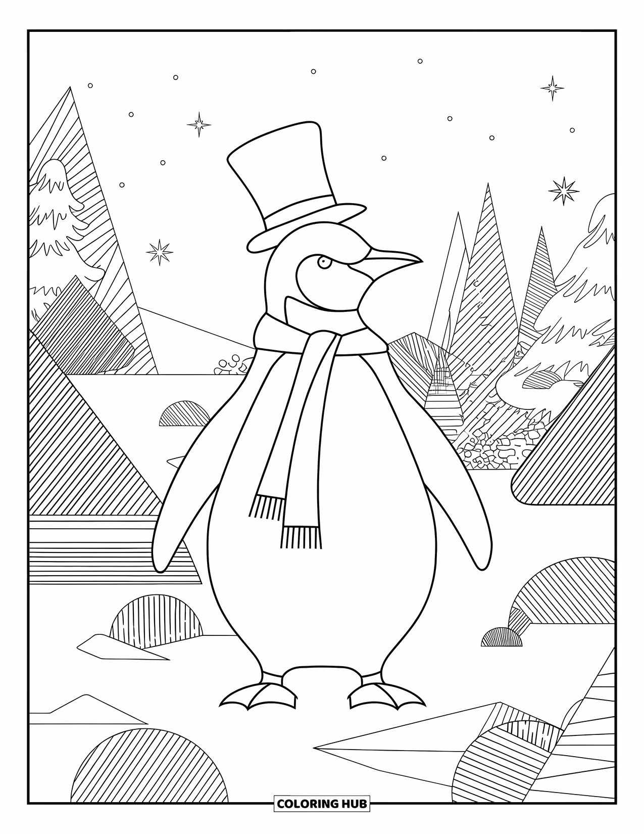 Penguin Coloring Page for Adults: A penguin in a top hat and scarf stands in an intricately designed winter garden
