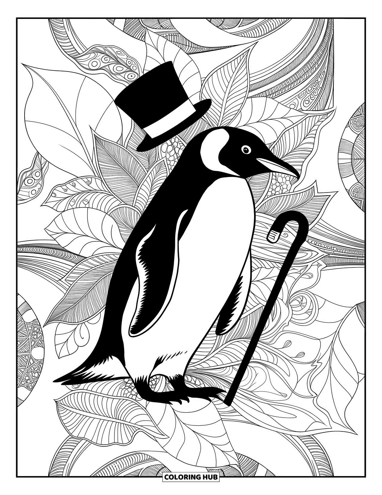 Penguin Coloring Page for Adults: A penguin in a top hat holds a cane, framed by swirling winter foliage