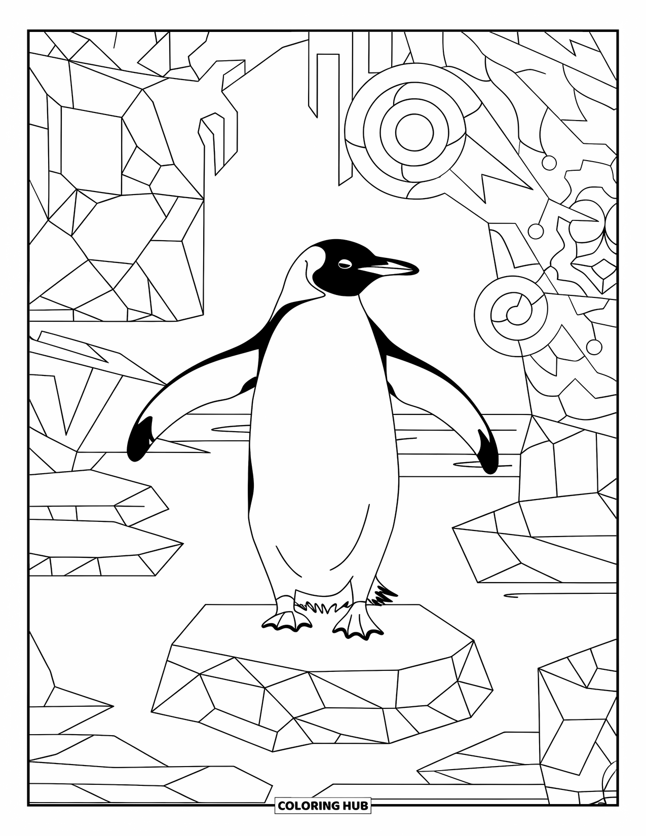 Penguin Coloring Page for Adults: A penguin on an icy block is framed by spirals, snowflakes, and geometric shapes