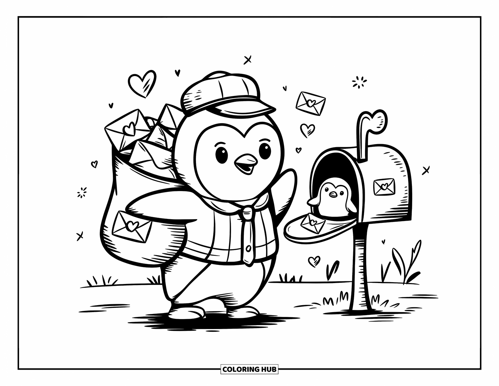 Penguin Coloring Page for Adults: A penguin postman holds a full mailbag near a heart-decorated mailbox