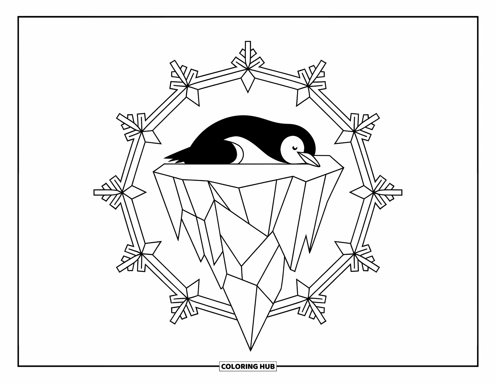 Penguin Coloring Page for Adults: A penguin rests on an elaborate iceberg surrounded by ornate snowflake patterns