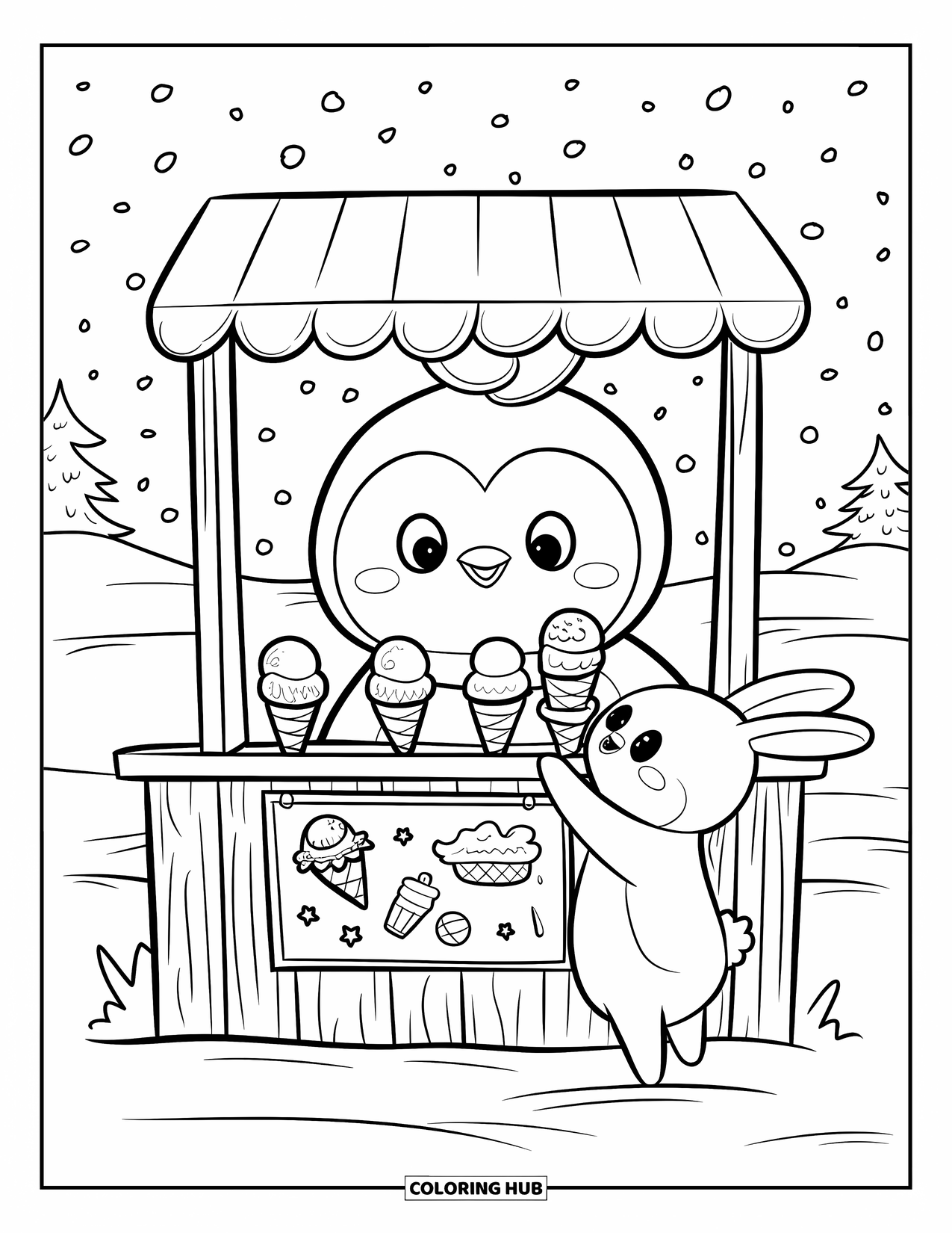 Penguin Coloring Page for Adults: A penguin serves ice cream from a wooden stall to a bunny reaching for a cone