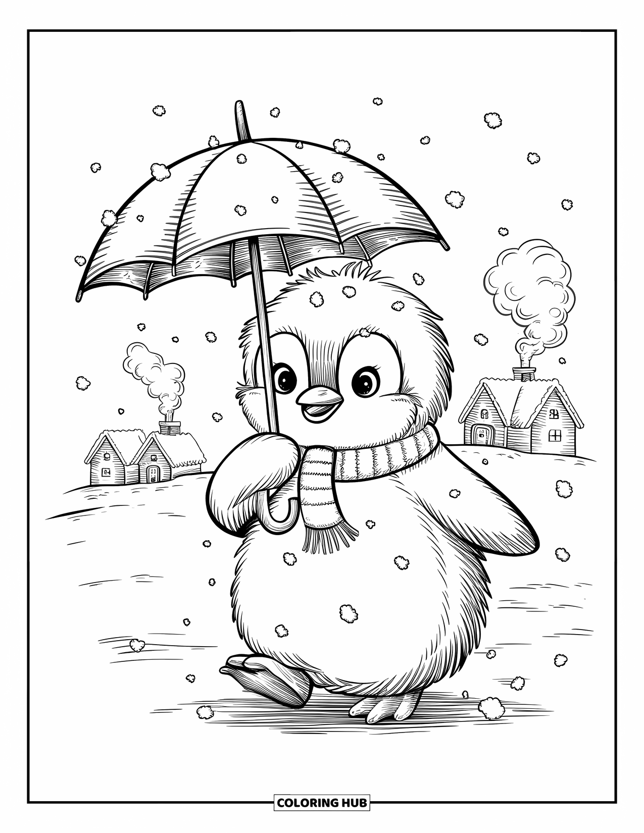 Penguin Coloring Page for Adults: A penguin shields itself from the snow with an umbrella as houses glow in the background