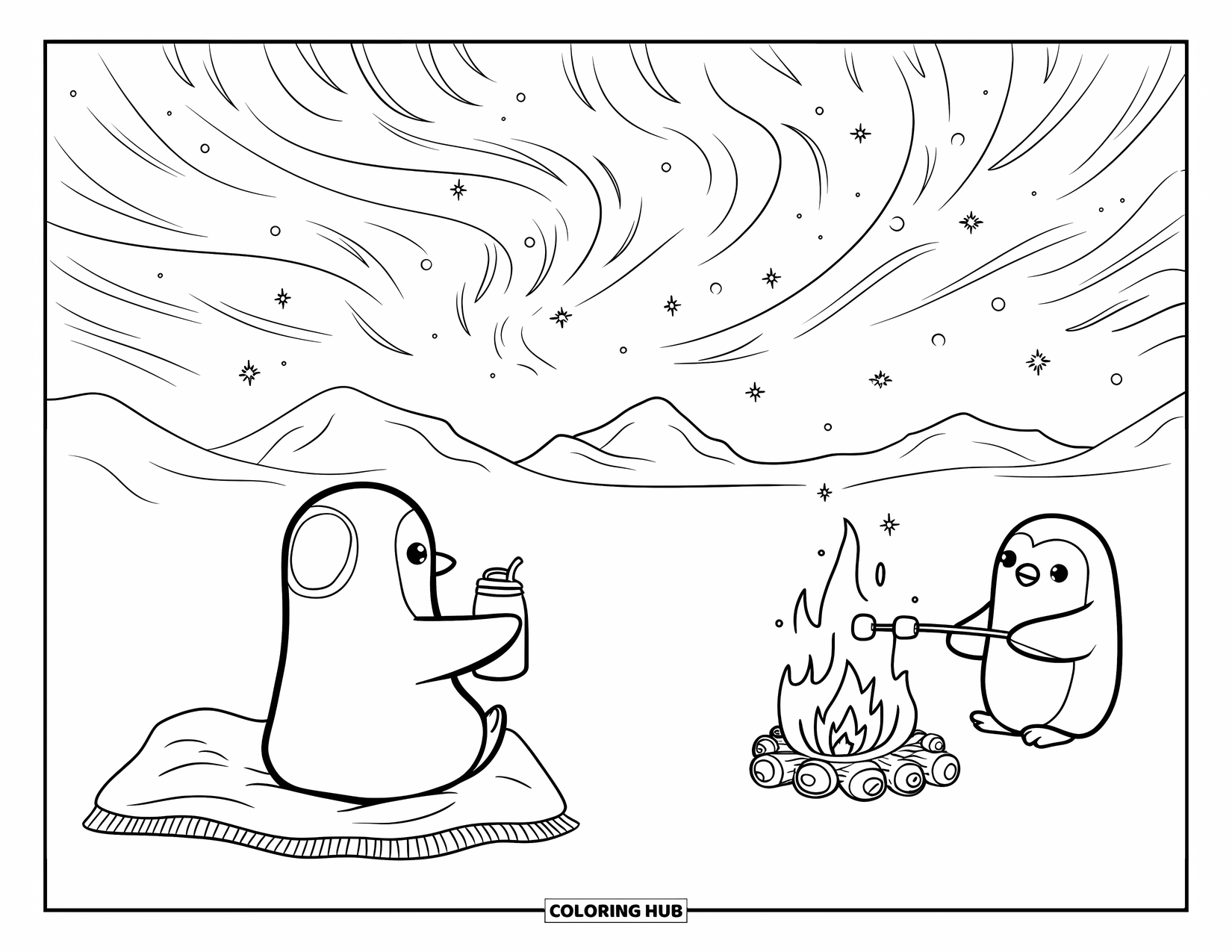 Penguin Coloring Page for Adults: A penguin sits on a blanket, enjoying a thermos of cocoa under the swirling aurora