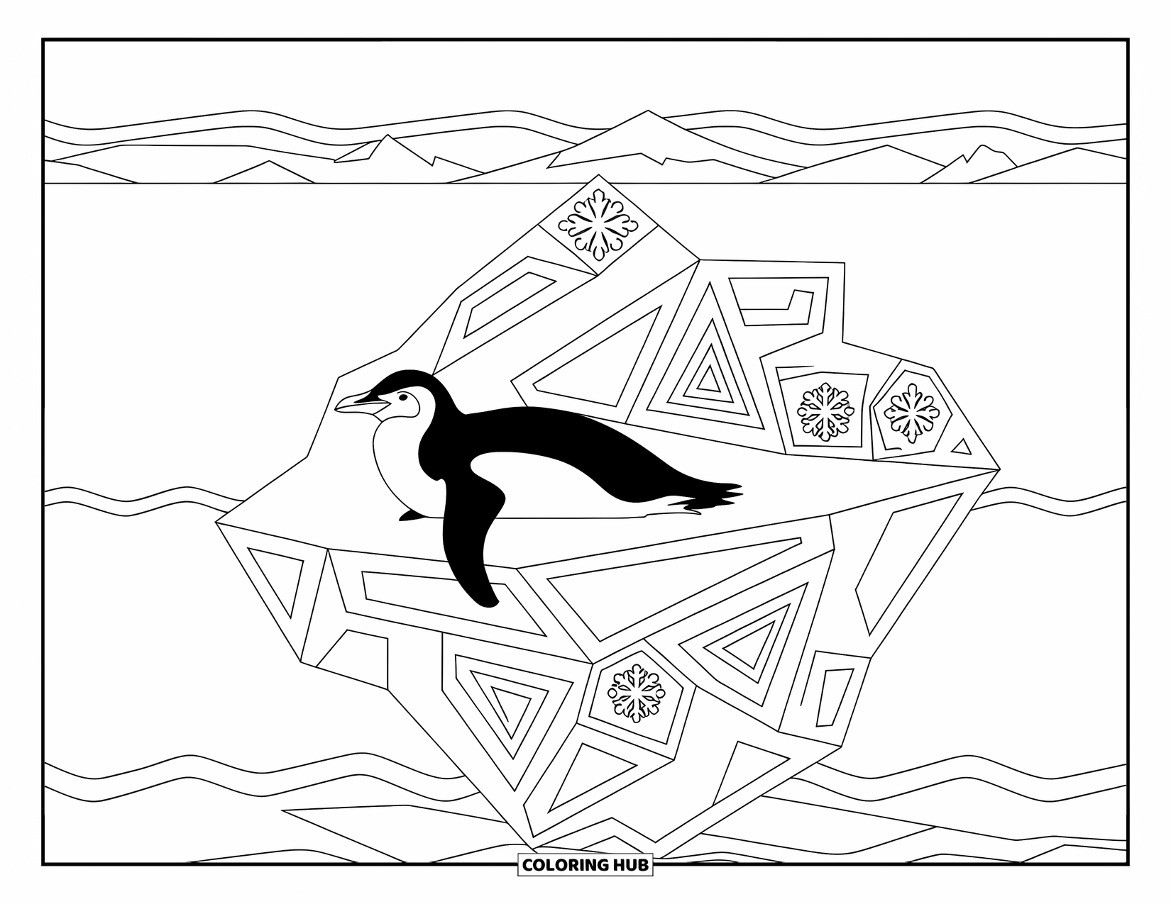 Penguin Coloring Page for Adults: A penguin sits on a decorative iceberg, floating on calm waters under a snowy sky