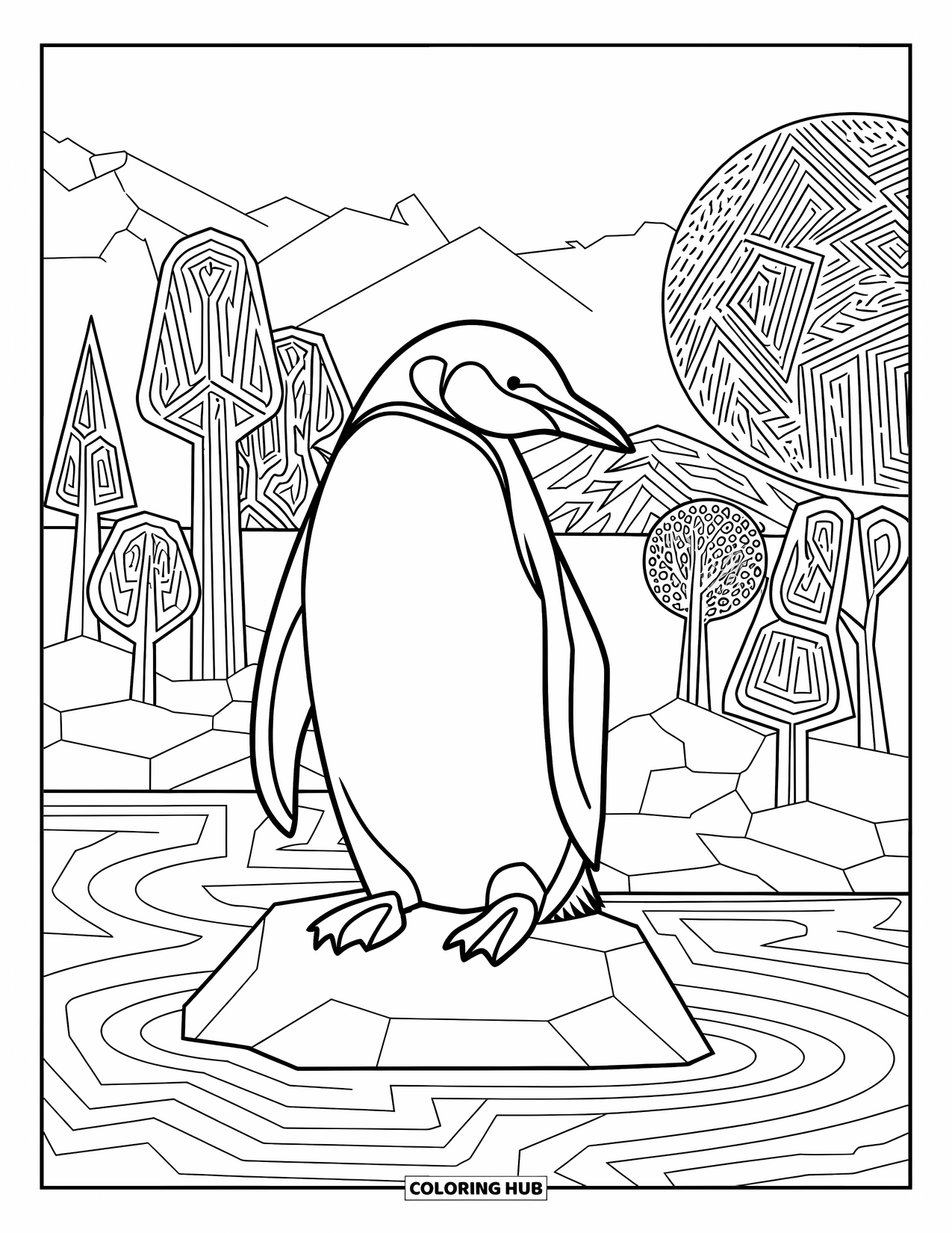 Penguin Coloring Page for Adults: A penguin sits on a rock in a winter garden filled with intricate patterns
