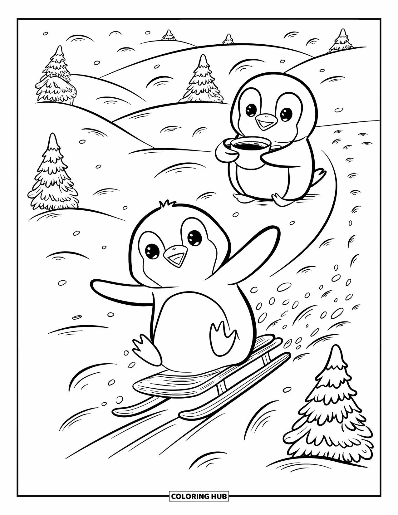 Penguin Coloring Page for Adults: A penguin sleds down a hill as another watches, holding a steaming cup of tea