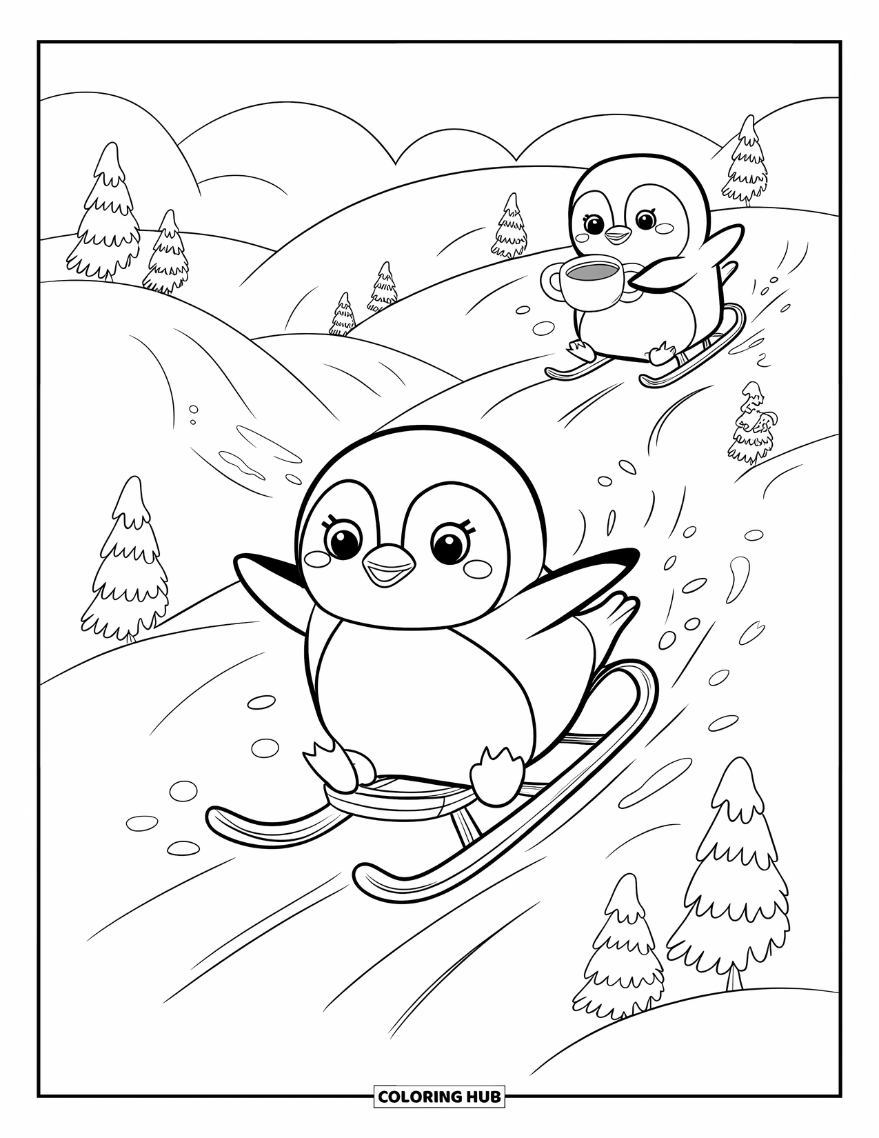 Penguin Coloring Page for Adults: A penguin sleds down a hill with excitement, leaving a snowy trail behind