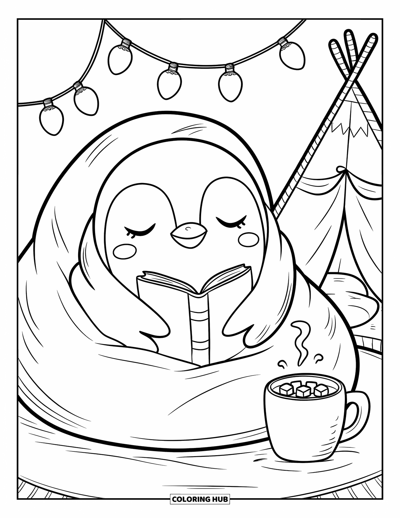 Penguin Coloring Page for Adults: A penguin snuggles in a bean bag with a warm drink, surrounded by twinkling lights