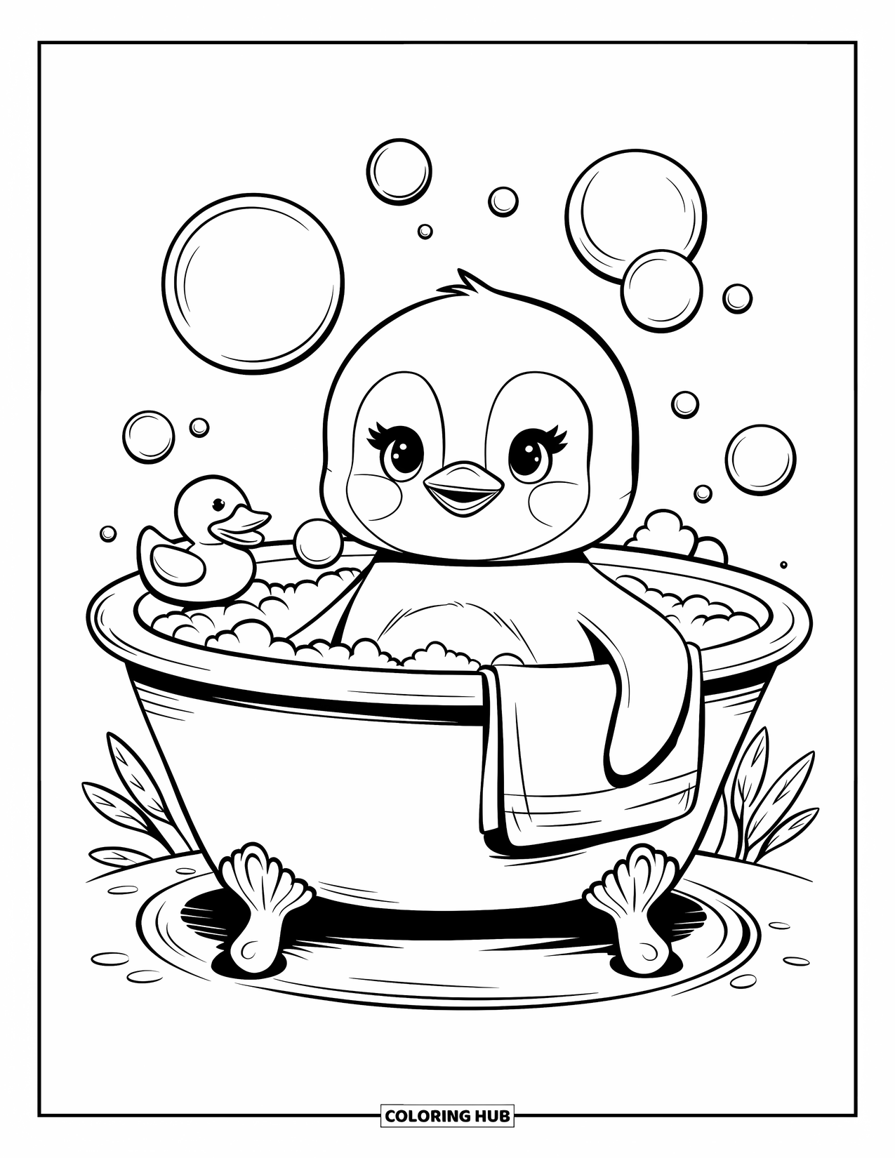 Penguin Coloring Page for Adults: A penguin splashes in a bubble bath, surrounded by floating bubbles and a tiny duck
