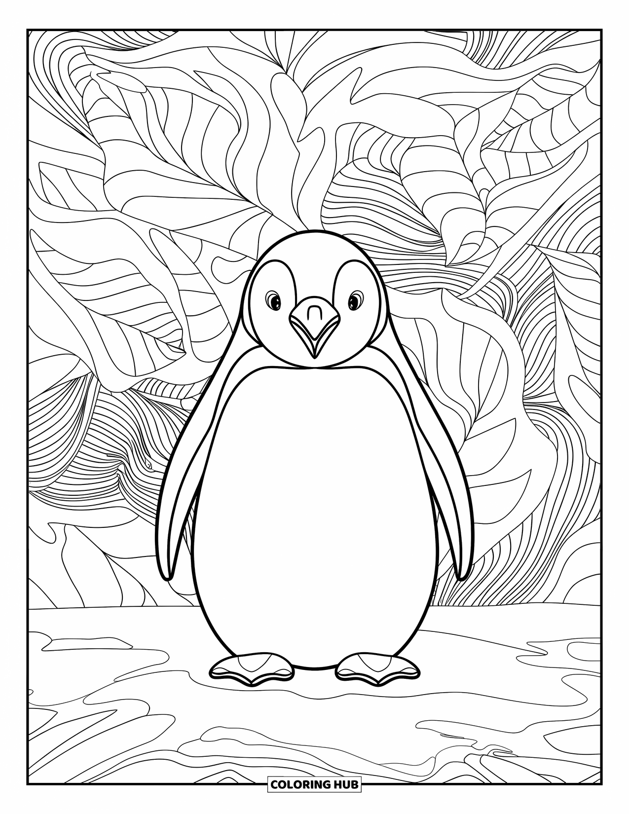 Penguin Coloring Page for Adults: A penguin surrounded by elaborate winter foliage stands on a snow-covered ground