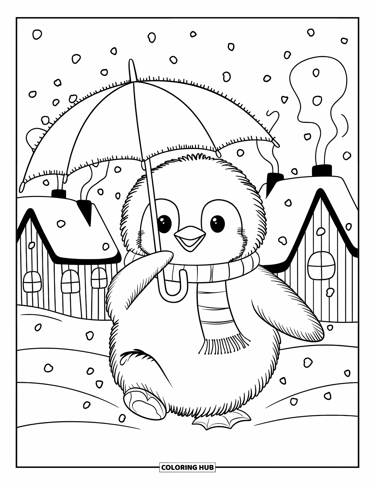Penguin Coloring Page for Adults: A penguin with a tiny umbrella walks past cozy houses with smoke curling from chimneys