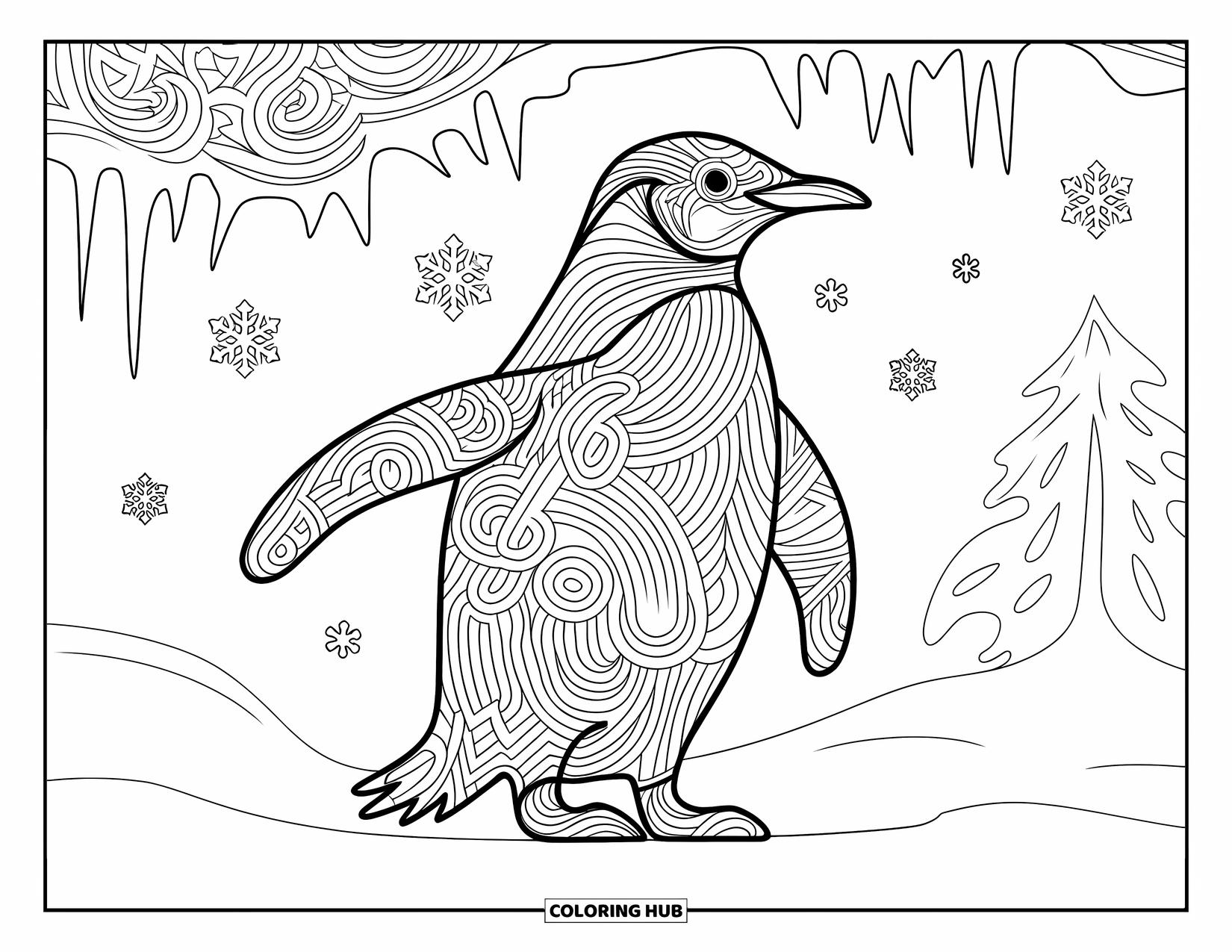 Penguin Coloring Page for Adults: A penguin with intricate patterns stands in a winter scene filled with snowflakes and icicles