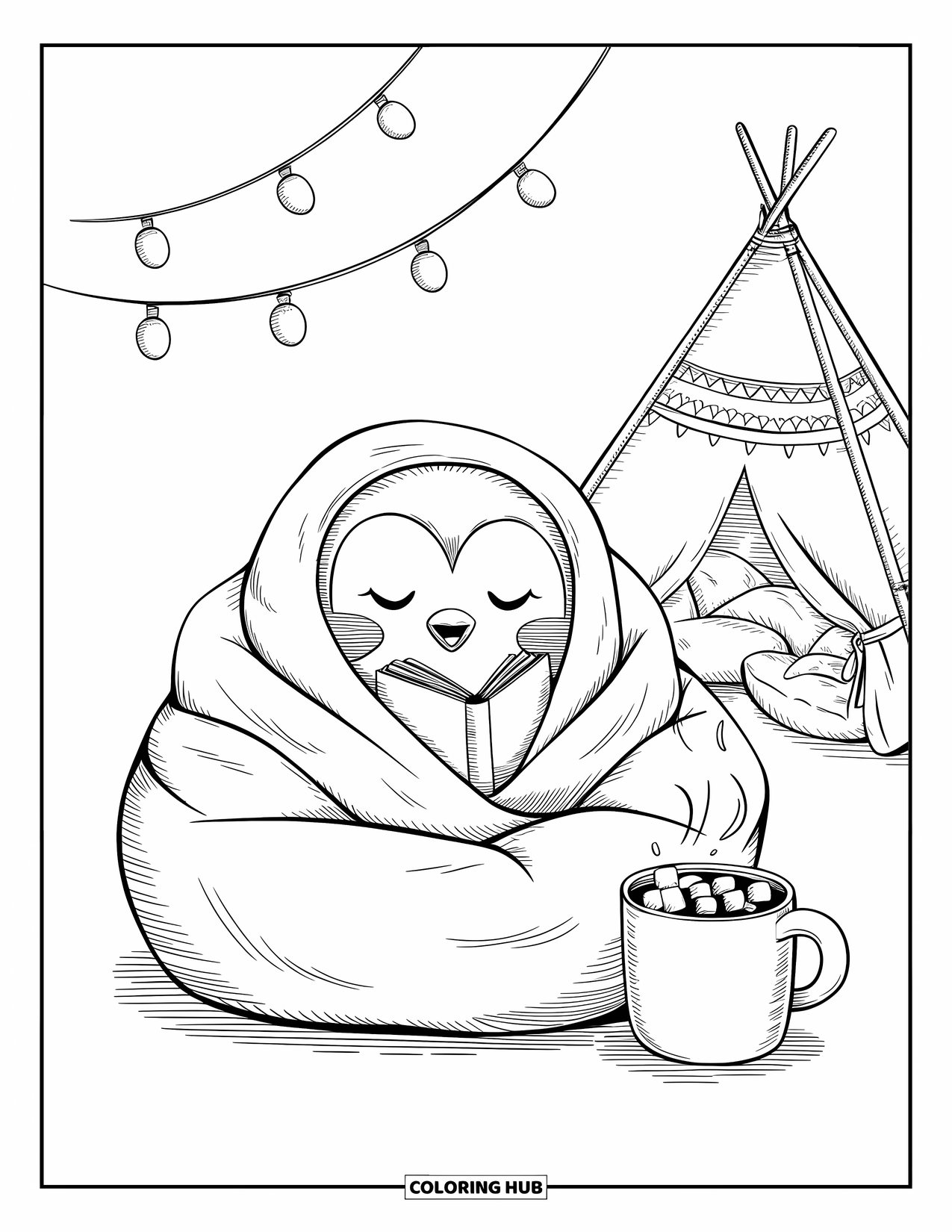 Penguin Coloring Page for Adults: A penguin wrapped in a blanket sips cocoa while reading under glowing fairy lights
