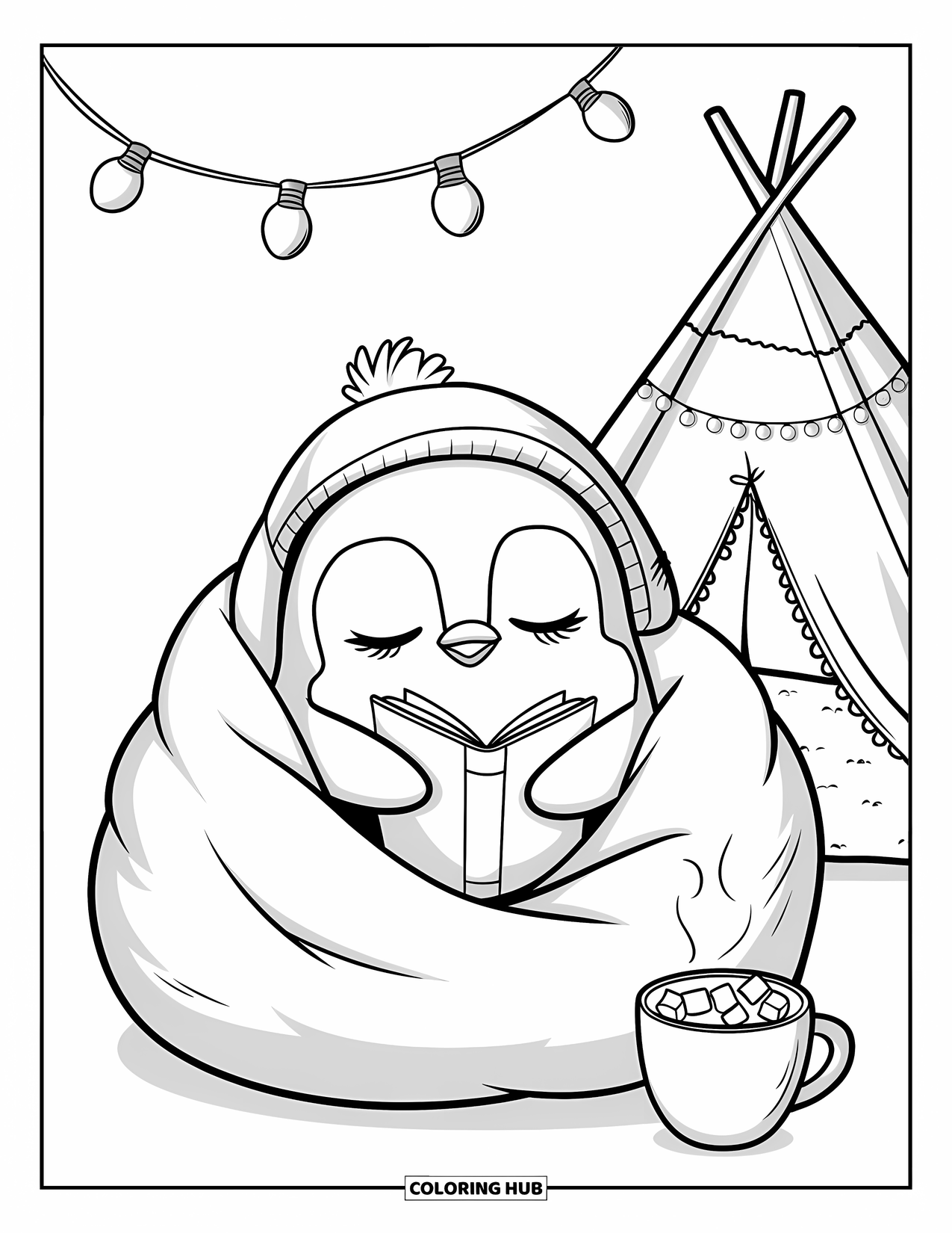 Penguin Coloring Page for Adults: A sleepy penguin sits in a bean bag, wrapped in a blanket, reading a tiny book