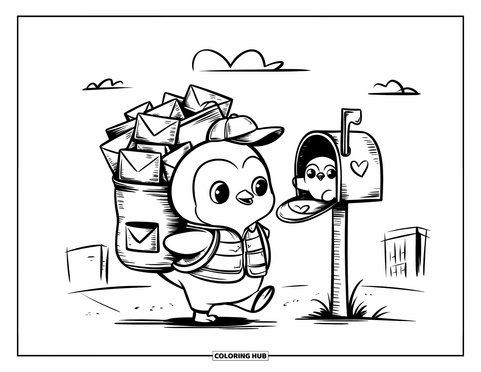 Penguin Coloring Page for Adults: A tiny penguin in a vest and hat carries letters as another peeks from an envelope