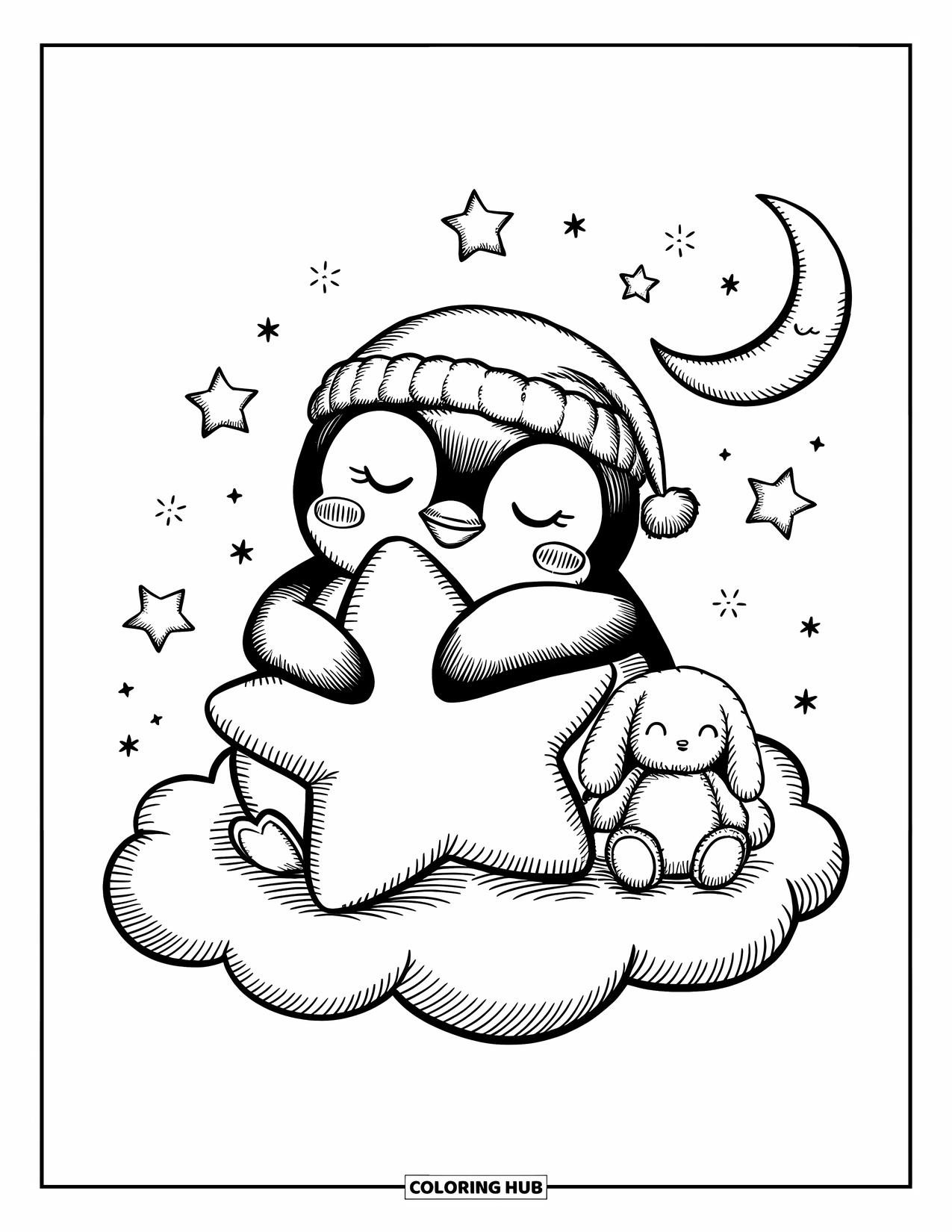 Penguin Coloring Page for Adults: A tiny penguin snuggles a star-shaped pillow while sitting on a fluffy cloud
