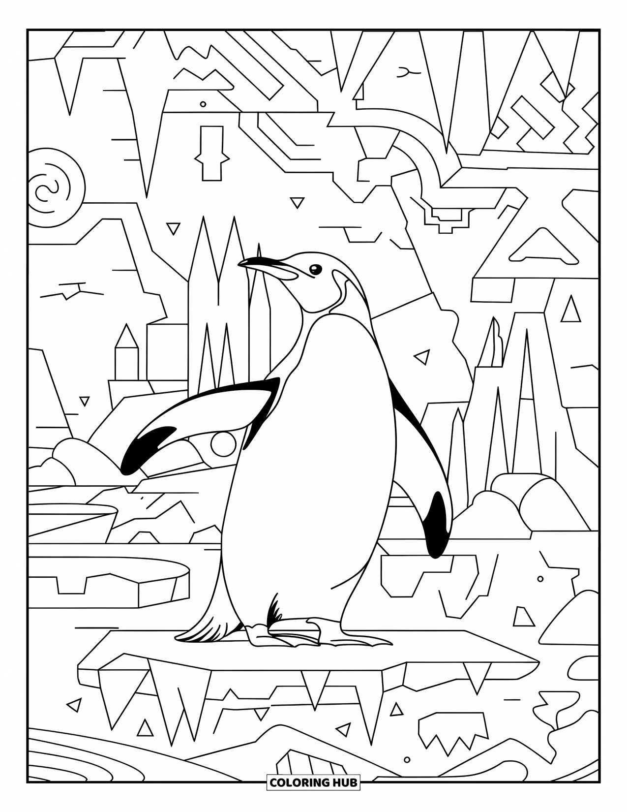 Penguin Coloring Page for Adults: An intricately designed penguin stands on an ice floe amid swirling icy patterns
