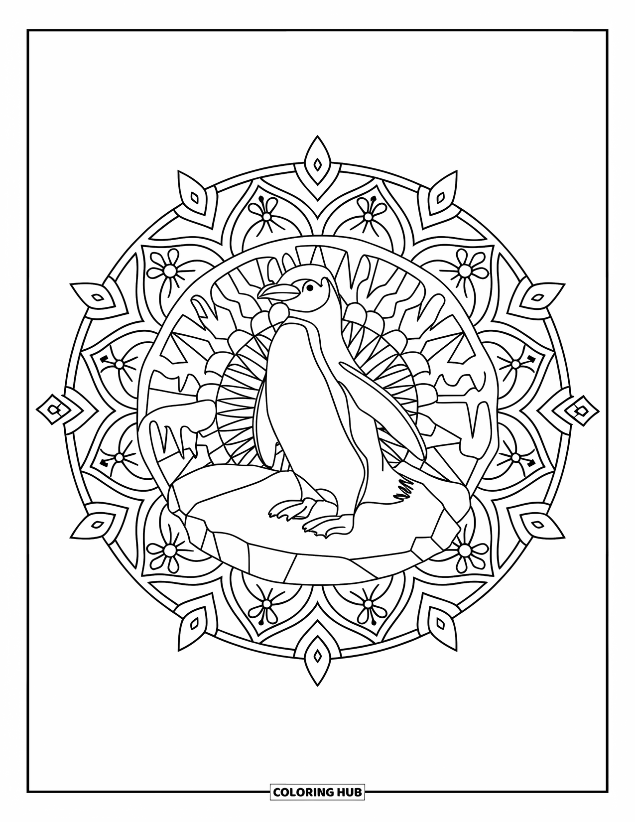Penguin Coloring Page for Adults: An intricately drawn penguin is framed by snowflakes, holly leaves, and swirling patterns