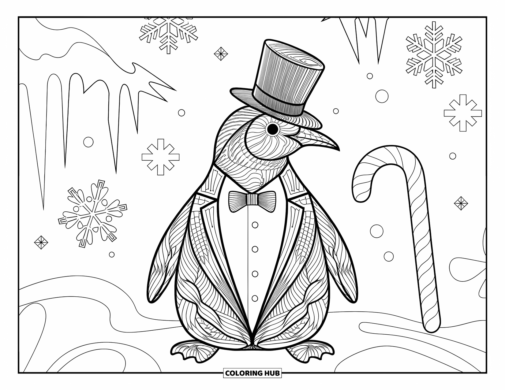 Penguin Coloring Page for Adults: An ornate penguin in a tuxedo and top hat stands amid swirling winter patterns