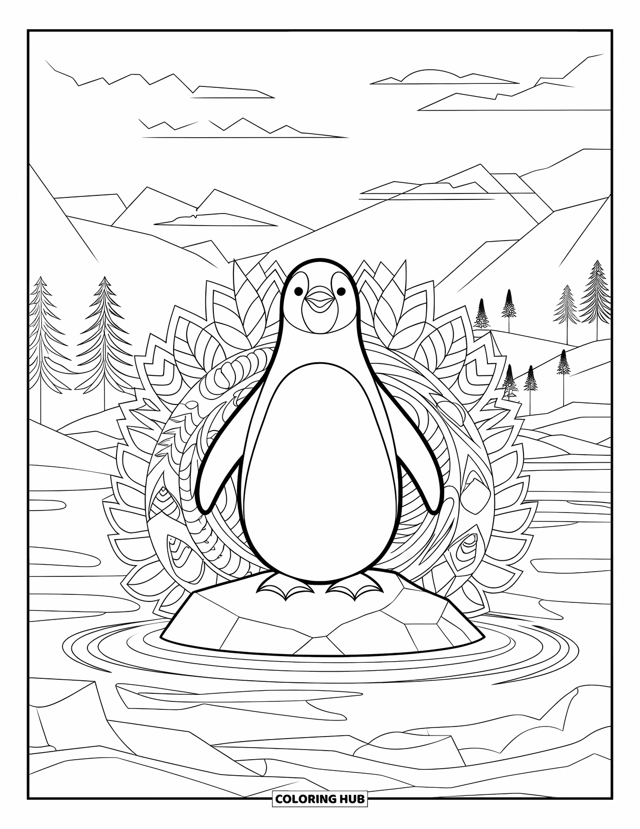 Penguin Coloring Page for Adults: An ornate penguin sits on a rock in a peaceful landscape of mountains and water