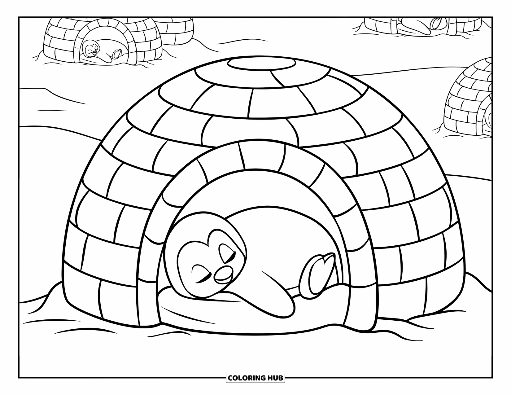 Penguin Coloring Page for Kids: A baby penguin sleeps in an igloo made of penguin footprints