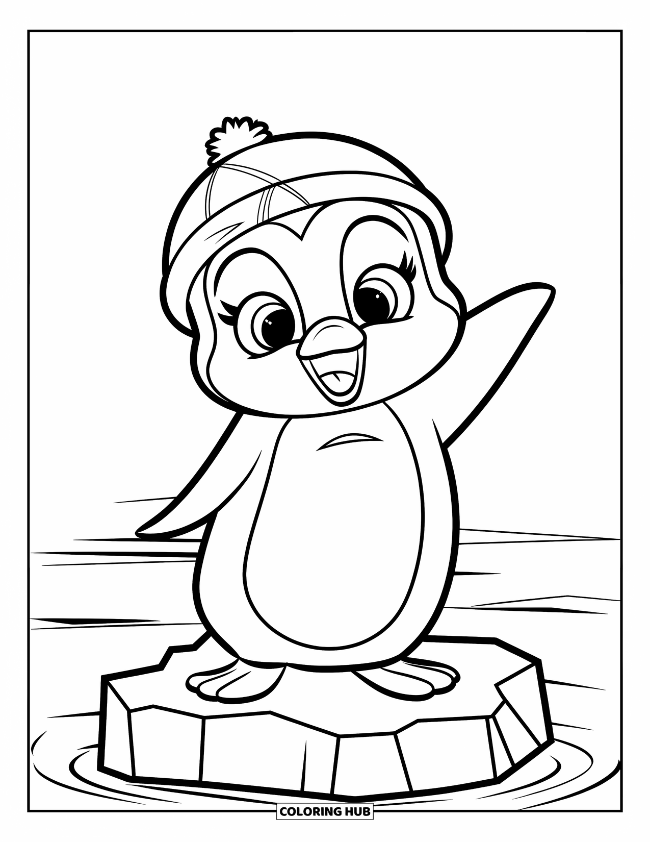 Penguin Coloring Page for Kids: A baby penguin waves from an iceberg floating in the vast, icy ocean