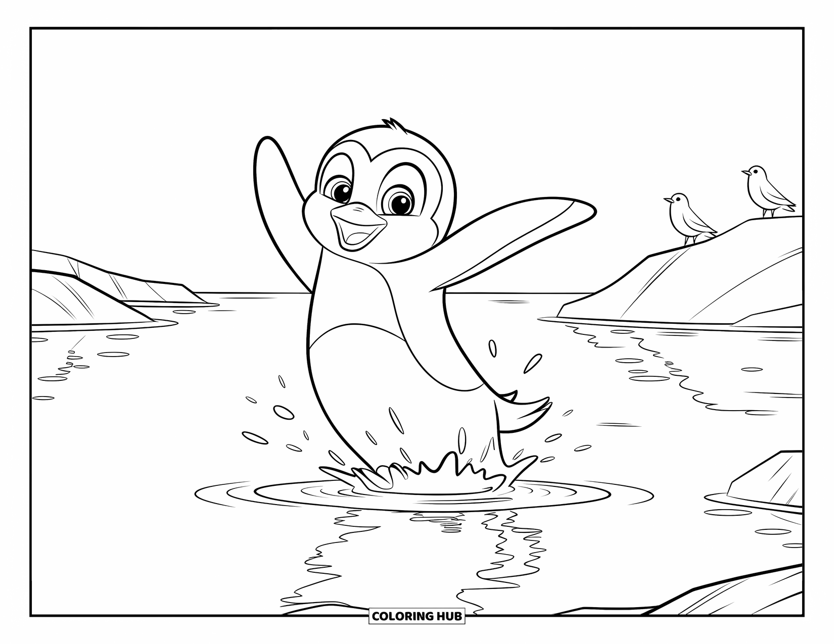 Penguin Coloring Page for Kids: A cheerful penguin leaps into a calm lake, surrounded by rocks and birds