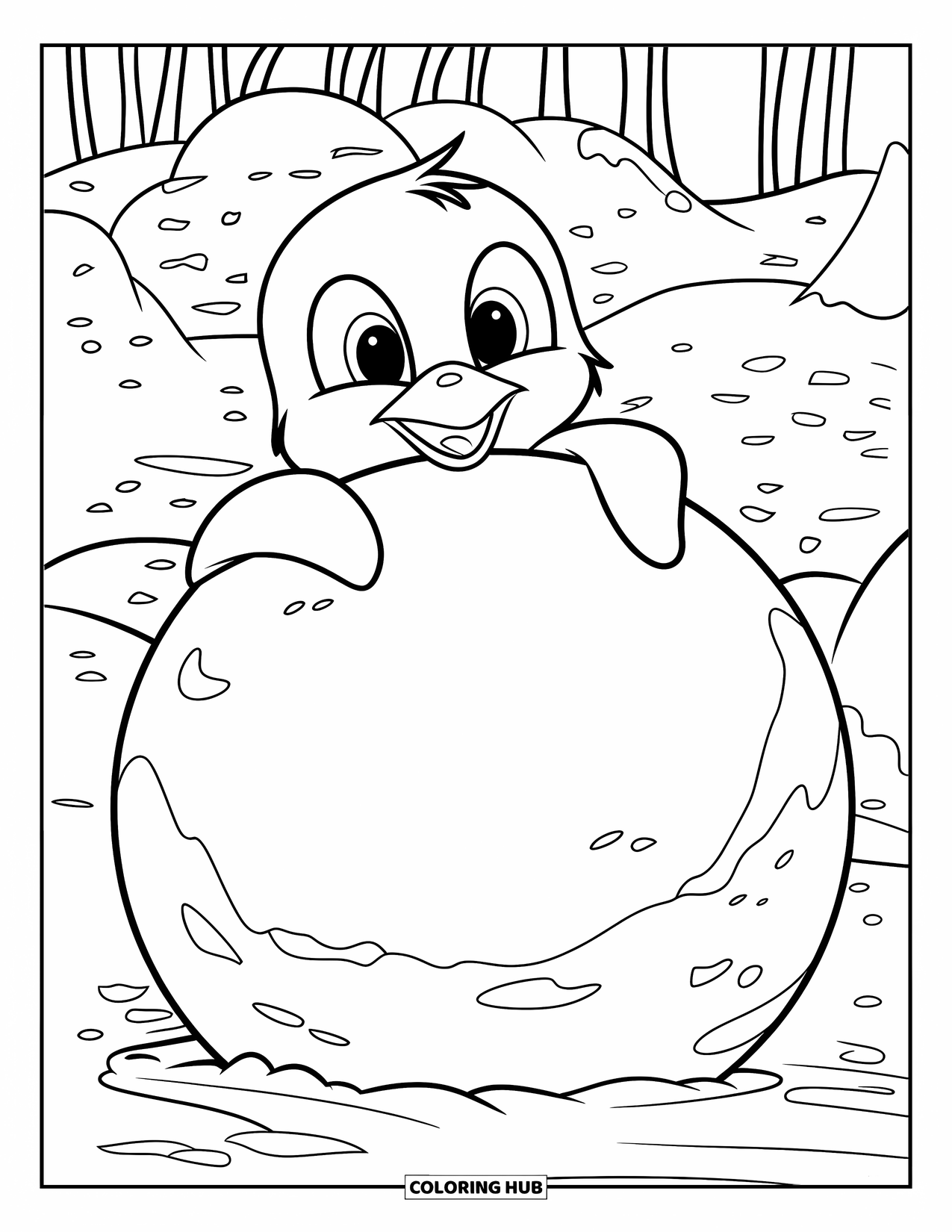 Penguin Coloring Page for Kids: A curious penguin with a bright beak peeks from behind a snowball in the snow