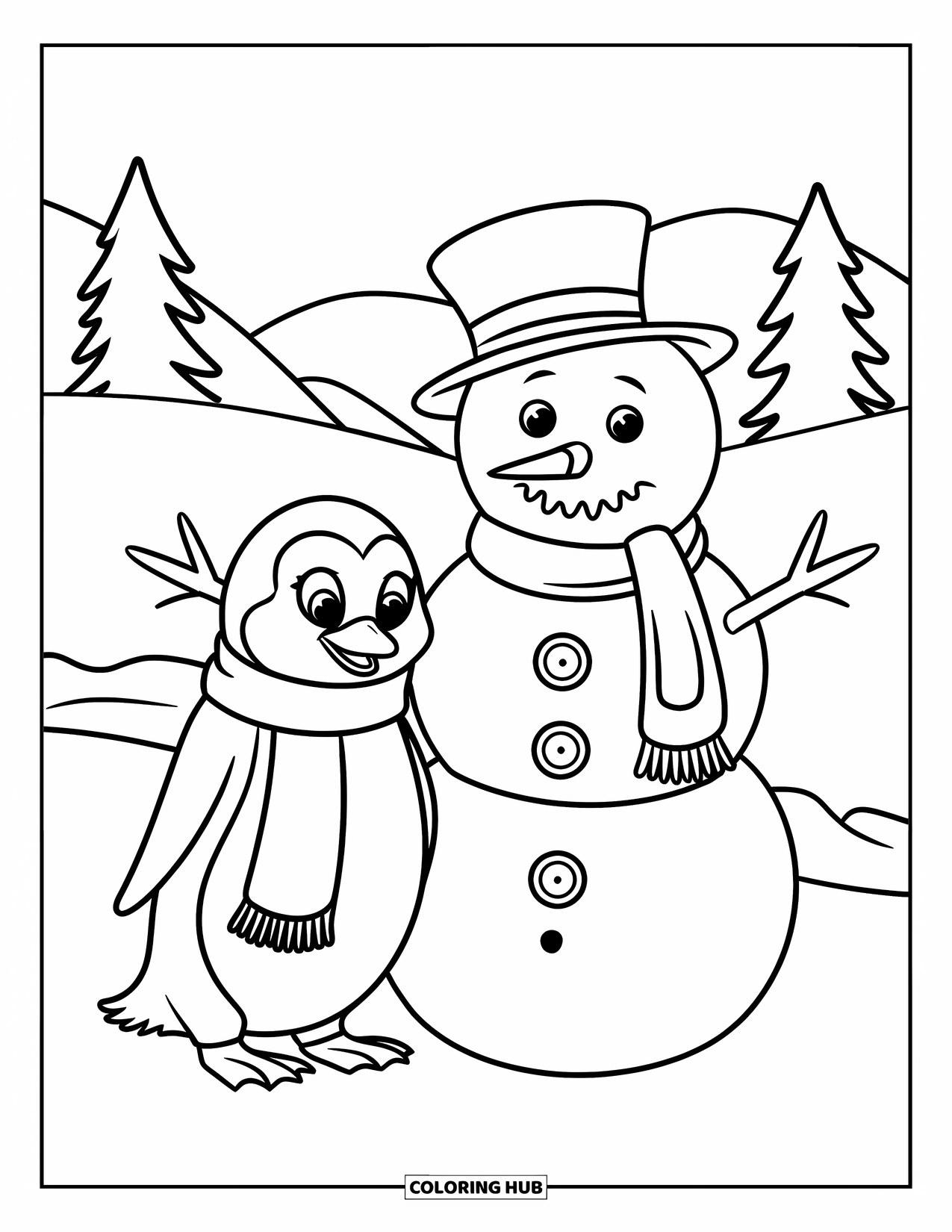 Penguin Coloring Page for Kids: A penguin and a snowman stand in a winter landscape with snowy hills and trees