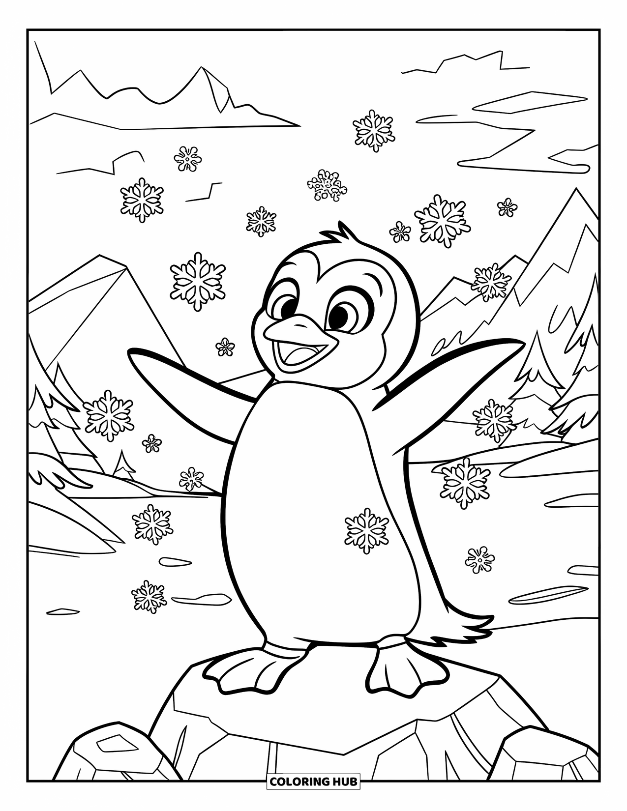 Penguin Coloring Page for Kids: A penguin balances on a rock, reaching for snowflakes in a winter landscape