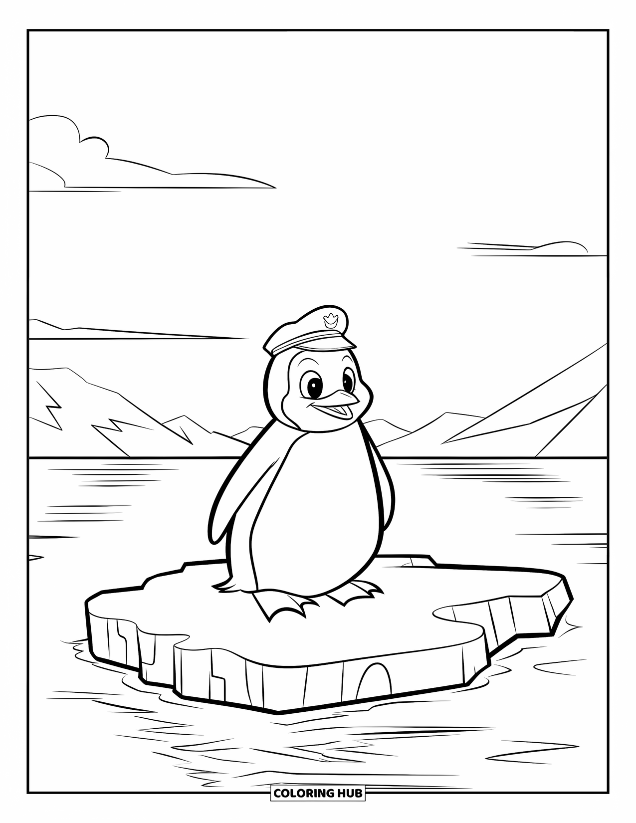 Penguin Coloring Page for Kids: A penguin floats on an ice chunk, gazing at distant mountains and calm waters