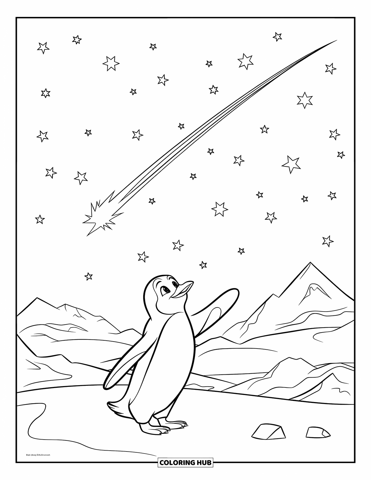 Penguin Coloring Page for Kids: A penguin gazes at a shooting star while standing on a snowy terrain