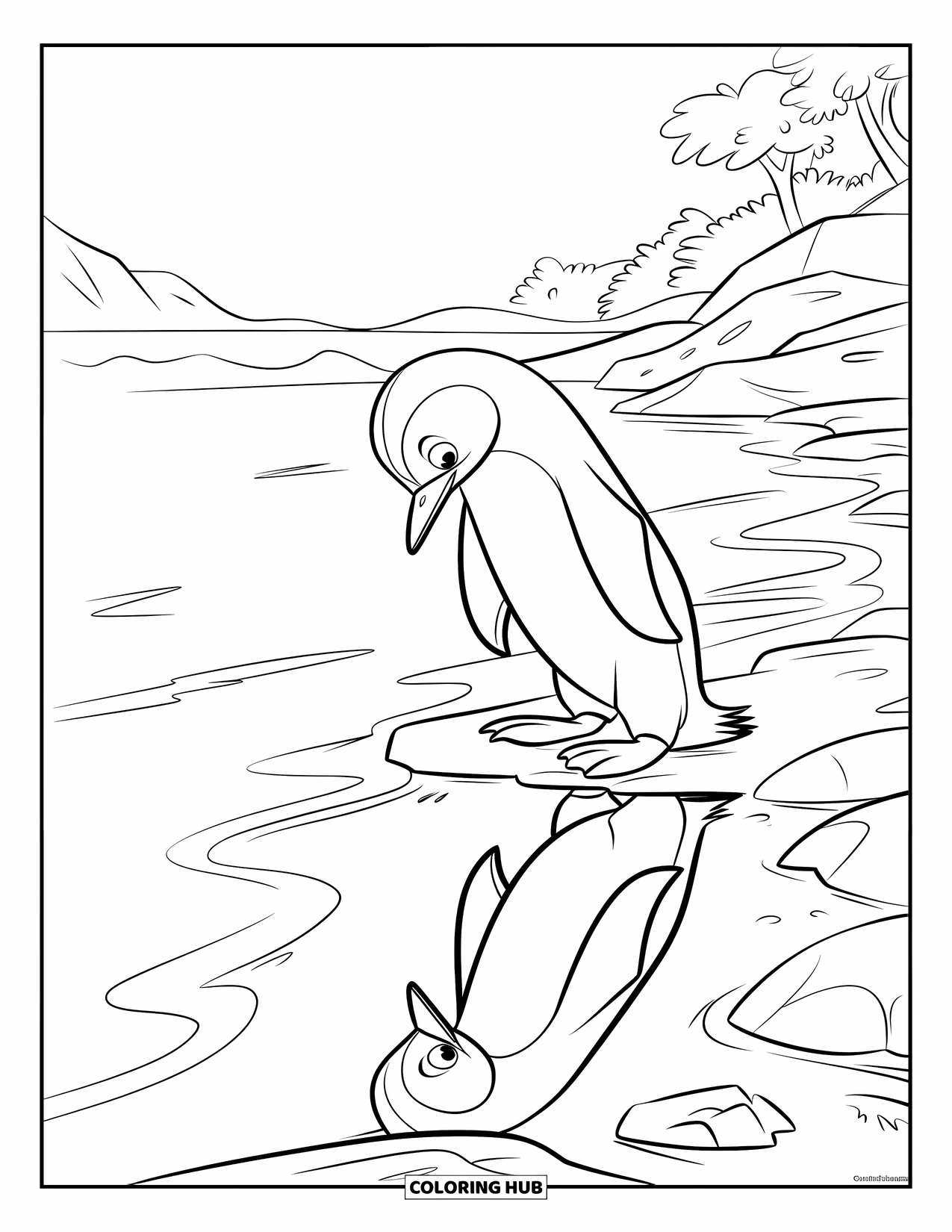 Penguin Coloring Page for Kids: A penguin gazes into the rippling water, watching its own reflection