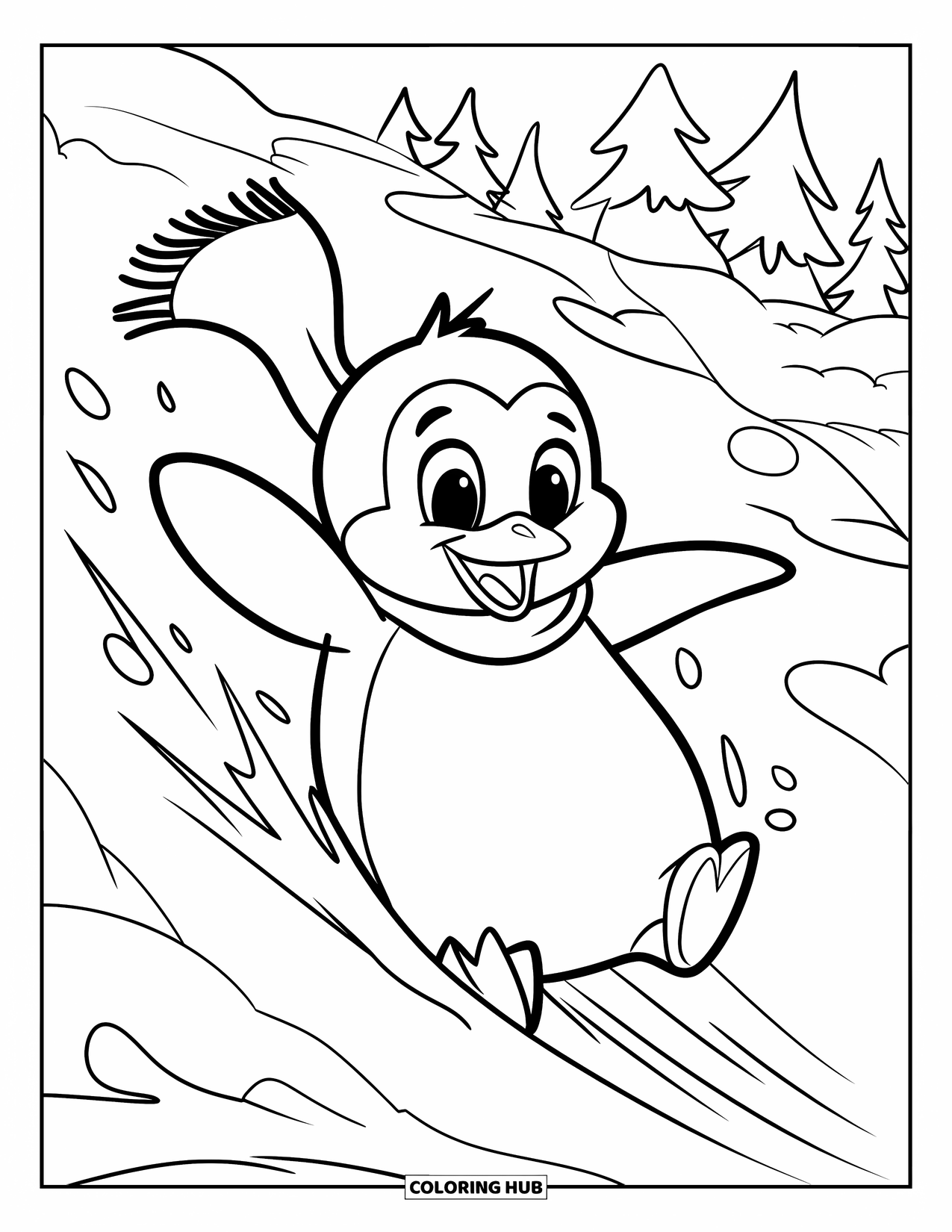 Penguin Coloring Page for Kids: A penguin happily slides down an icy hill, leaving a trail in the snow