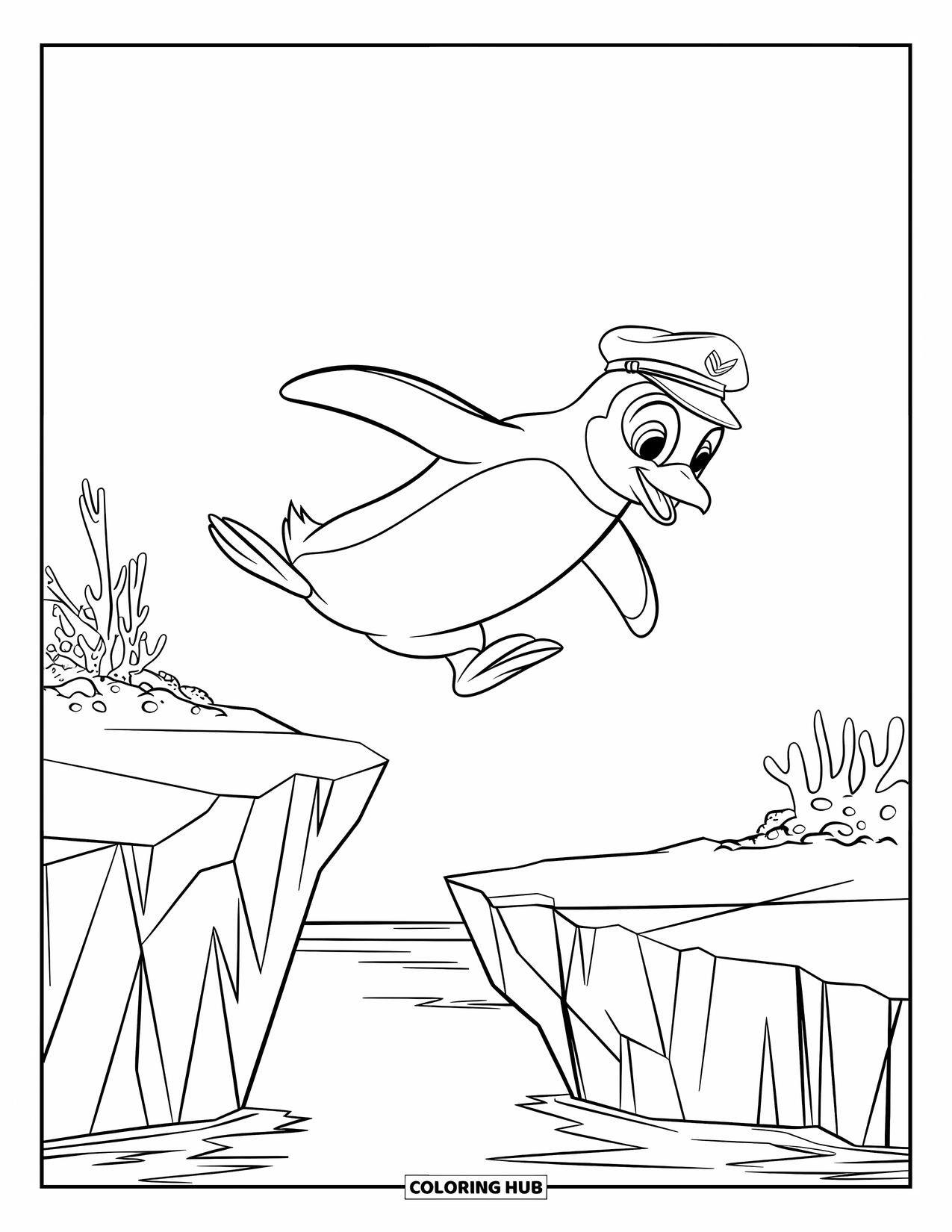 Penguin Coloring Page for Kids: A penguin in a captain's hat hops between icebergs, with sea plants in the background