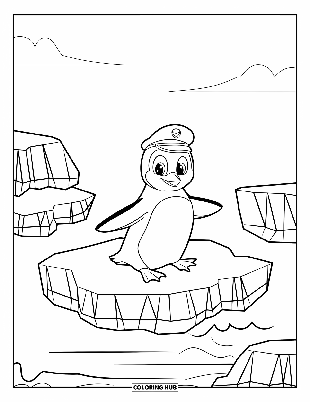 Penguin Coloring Page for Kids: A penguin in a captain's hat sails on a drifting ice chunk under a cloudy sky