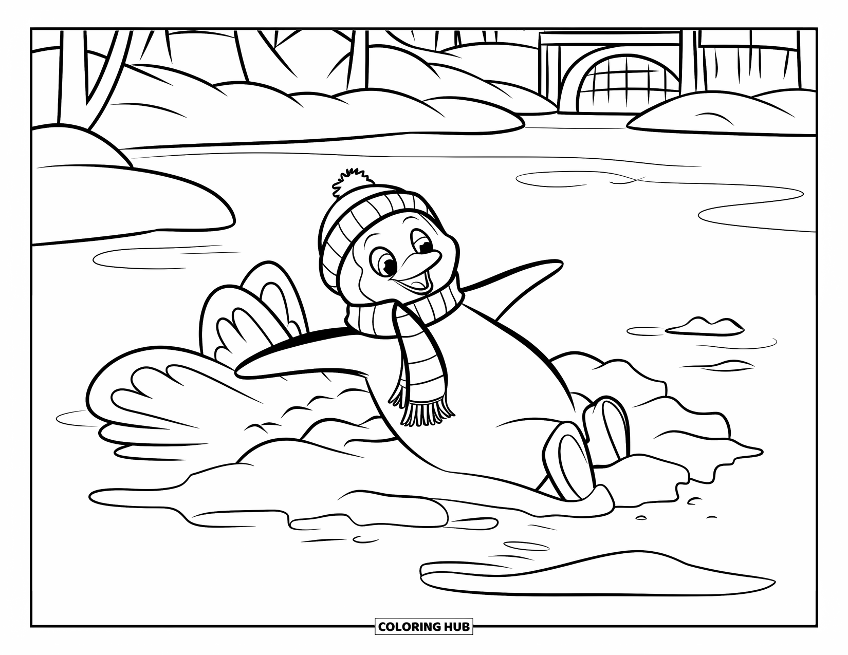 Penguin Coloring Page for Kids: A penguin in a hat and scarf flaps its wings to make a snow angel