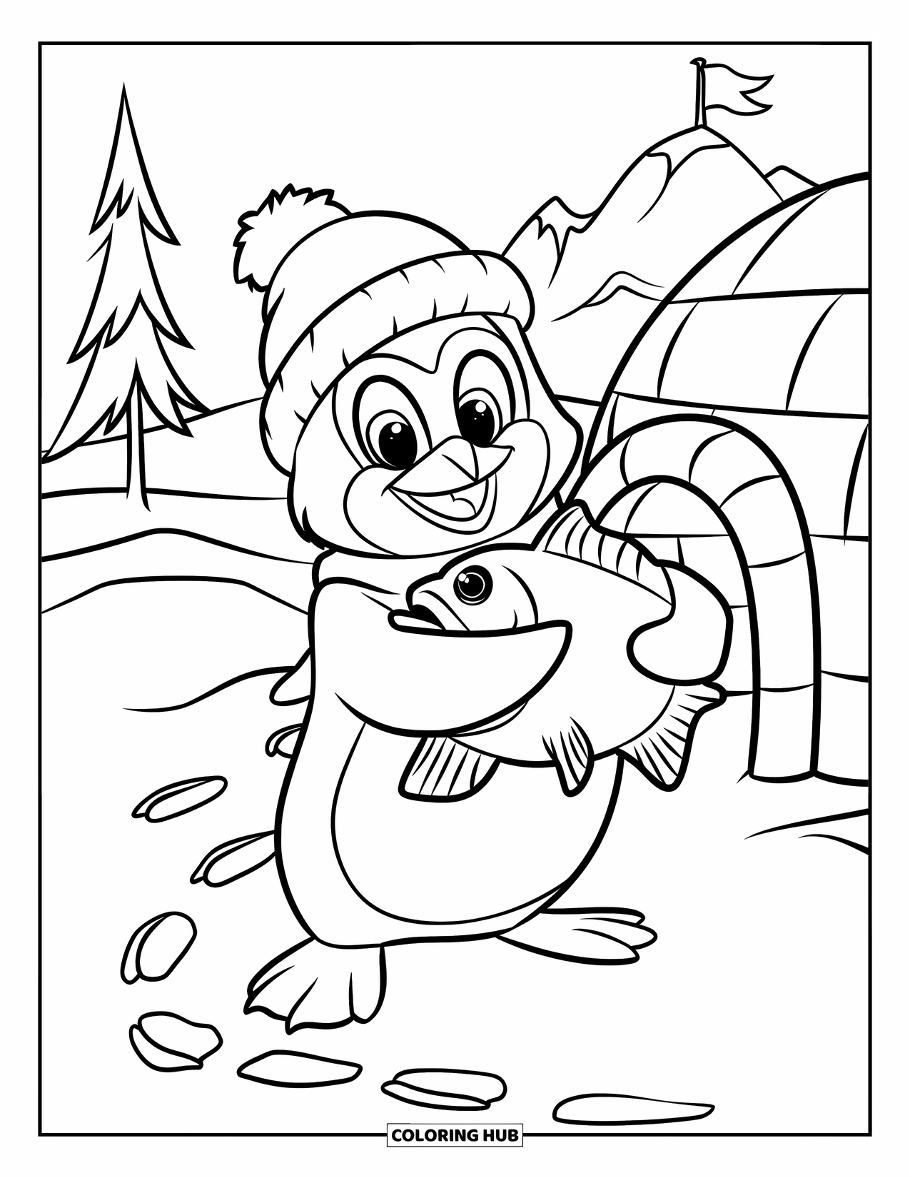 Penguin Coloring Page for Kids: A penguin in a hat carries a big fish near an igloo, leaving footprints in the snow
