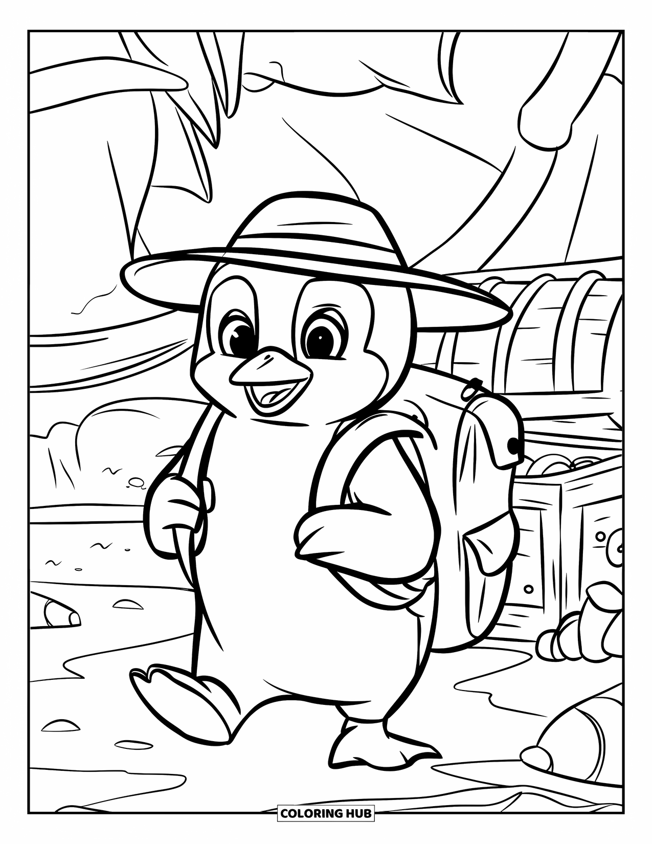 Penguin Coloring Page for Kids: A penguin in a hat explores a shipwreck site with a treasure chest nearby
