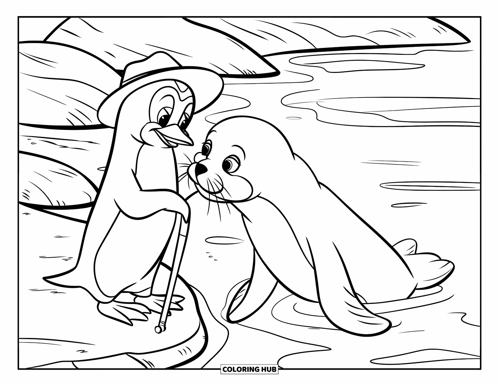 Penguin Coloring Page for Kids: A penguin in a hat playfully interacts with a curious seal by the water's edge